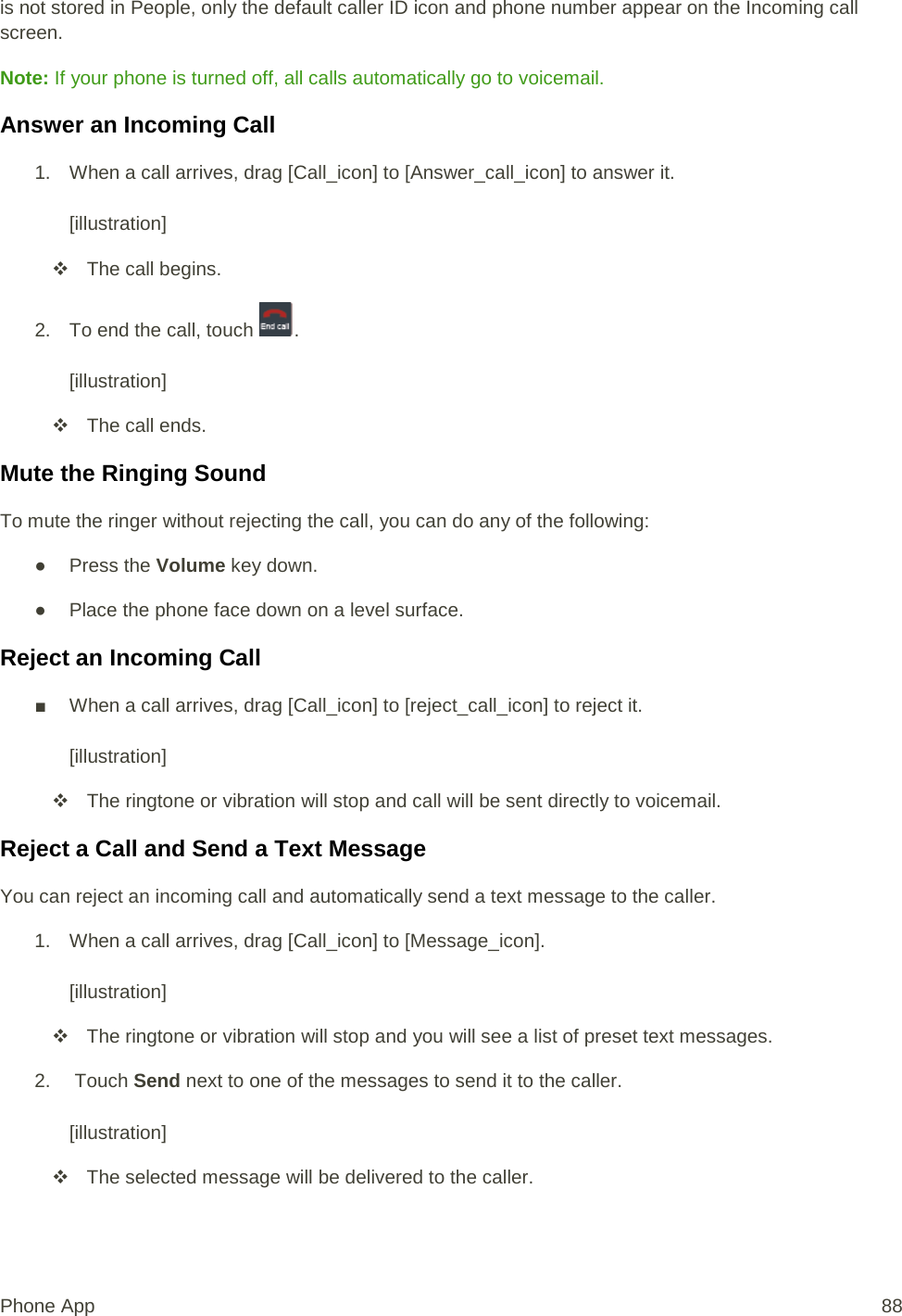 is not stored in People, only the default caller ID icon and phone number appear on the Incoming call screen. Note: If your phone is turned off, all calls automatically go to voicemail. Answer an Incoming Call 1. When a call arrives, drag [Call_icon] to [Answer_call_icon] to answer it.  [illustration]  The call begins. 2. To end the call, touch  .  [illustration]  The call ends. Mute the Ringing Sound To mute the ringer without rejecting the call, you can do any of the following: ● Press the Volume key down. ● Place the phone face down on a level surface. Reject an Incoming Call ■ When a call arrives, drag [Call_icon] to [reject_call_icon] to reject it.  [illustration]  The ringtone or vibration will stop and call will be sent directly to voicemail. Reject a Call and Send a Text Message You can reject an incoming call and automatically send a text message to the caller. 1. When a call arrives, drag [Call_icon] to [Message_icon].  [illustration]  The ringtone or vibration will stop and you will see a list of preset text messages. 2.   Touch Send next to one of the messages to send it to the caller.  [illustration]  The selected message will be delivered to the caller. Phone App 88 