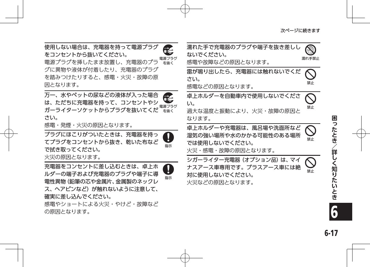 6-176次ページに続きます使用しない場合は、充電器を持って電源プラグをコンセントから抜いてください。電源プラグを挿したまま放置し、充電器のプラグに異物や液体が付着したり、充電器のプラグを踏みつけたりすると、感電・火災・故障の原因となります。万一、水やペットの尿などの液体が入った場合は、ただちに充電器を持って、コンセントやシガーライターソケットからプラグを抜いてください。感電・発煙・火災の原因となります。プラグにほこりがついたときは、充電器を持ってプラグをコンセントから抜き、乾いた布などで拭き取ってください。火災の原因となります。充電器をコンセントに差し込むときは、卓上ホルダーの端子および充電器のプラグや端子に導電性異物（鉛筆の芯や金属片、金属製のネックレス、ヘアピンなど）が触れないように注意して、確実に差し込んでください。感電やショートによる火災・やけど・故障などの原因となります。濡れた手で充電器のプラグや端子を抜き差ししないでください。感電や故障などの原因となります。雷が鳴り出したら、充電器には触れないでください。感電などの原因となります。卓上ホルダーを自動車内で使用しないでください。過大な温度と振動により、火災・故障の原因となります。卓上ホルダーや充電器は、風呂場や洗面所など湿気の強い場所や水のかかる可能性のある場所では使用しないでください。火災・感電・故障の原因となります。シガーライター充電器（オプション品）は、マイナスアース車専用です。プラスアース車には絶対に使用しないでください。火災などの原因となります。998874444