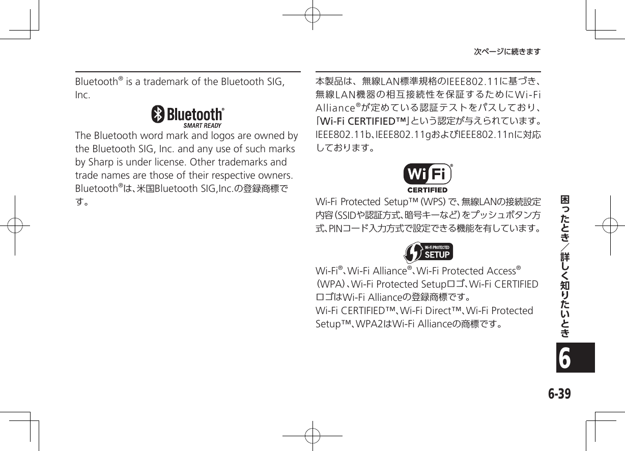 6-396次ページに続きますBluetooth® is a trademark of the Bluetooth SIG, Inc.The Bluetooth word mark and logos are owned by the Bluetooth SIG, Inc. and any use of such marks by Sharp is under license. Other trademarks and trade names are those of their respective owners.Bluetooth®は、米国Bluetooth SIG,Inc.の登録商標です。本製品は、無線LAN標準規格のIEEE802.11に基づき、無線LAN機器の相互接続性を保証するためにWi-Fi Alliance®が定めている認証テストをパスしており、「Wi-Fi CERTIFIED™」という認定が与えられています。IEEE802.11b、IEEE802.11gおよびIEEE802.11nに対応しております。Wi-Fi Protected Setup™（WPS）で 、無 線 LANの接続設定内 容（ SSIDや認証方式、暗号キーなど）をプッシュボタン方式、PINコード入力方式で設定できる機能を有しています。Wi-Fi®、Wi-Fi Alliance®、Wi-Fi Protected Access®（WPA）、Wi-Fi Protected Setupロゴ、Wi-Fi CERTIFIEDロゴはWi-Fi Allianceの登録商標です。Wi-Fi CERTIFIED™、Wi-Fi Direct™、Wi-Fi Protected Setup™、WPA2はWi-Fi Allianceの商標です。