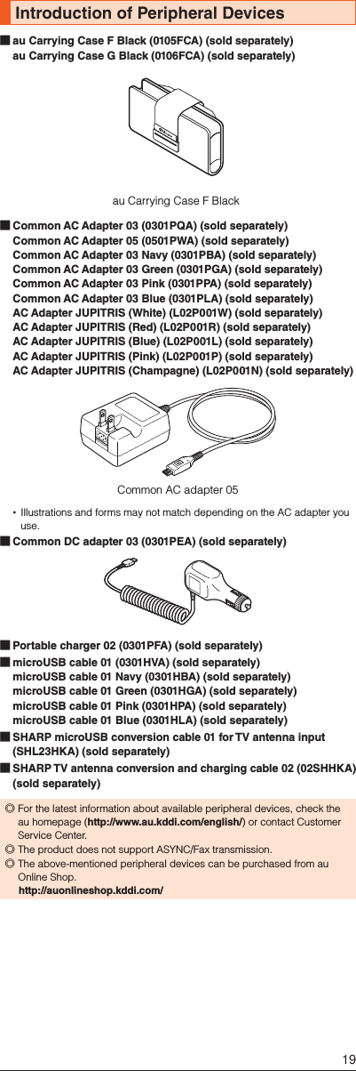 Introduction of Peripheral Devices ■au Carrying Case F Black (0105FCA) (sold separately) au Carrying Case G Black (0106FCA) (sold separately)au Carrying Case F Black ■Common AC Adapter 03 (0301PQA) (sold separately) Common AC Adapter 05 (0501PWA) (sold separately) Common AC Adapter 03 Navy (0301PBA) (sold separately) Common AC Adapter 03 Green (0301PGA) (sold separately) Common AC Adapter 03 Pink (0301PPA) (sold separately) Common AC Adapter 03 Blue (0301PLA) (sold separately) AC Adapter JUPITRIS (White) (L02P001W) (sold separately) AC Adapter JUPITRIS (Red) (L02P001R) (sold separately) AC Adapter JUPITRIS (Blue) (L02P001L) (sold separately) AC Adapter JUPITRIS (Pink) (L02P001P) (sold separately) AC Adapter JUPITRIS (Champagne) (L02P001N) (sold separately)Common AC adapter 05 Illustrations and forms may not match depending on the AC adapter you use. ■Common DC adapter 03 (0301PEA) (sold separately) ■Portable charger 02 (0301PFA) (sold separately) ■microUSB cable 01 (0301HVA) (sold separately) microUSB cable 01 Navy (0301HBA) (sold separately) microUSB cable 01 Green (0301HGA) (sold separately) microUSB cable 01 Pink (0301HPA) (sold separately) microUSB cable 01 Blue (0301HLA) (sold separately) ■SHARP microUSB conversion cable 01 for TV antenna input (SHL23HKA) (sold separately) ■SHARP TV antenna conversion and charging cable 02 (02SHHKA) (sold separately) ◎For the latest information about available peripheral devices, check the au homepage (http://www.au.kddi.com/english/) or contact Customer Service Center. ◎The product does not support ASYNC/Fax transmission. ◎The above-mentioned peripheral devices can be purchased from au Online Shop.  (http://auonlineshop.kddi.com/)19