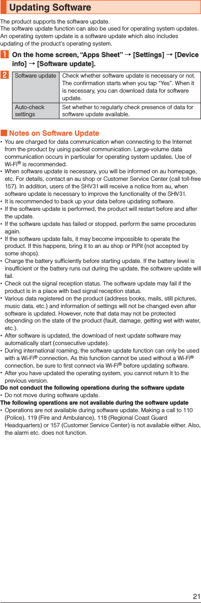 Updating SoftwareThe product supports the software update.The software update function can also be used for operating system updates. An operating system update is a software update which also includes updating of the product’s operating system.󱈠  On the home screen, “Apps Sheet” → [Settings] → [Device info] → [Software update].󱈢Software update Check whether software update is necessary or not. The confirmation starts when you tap “Yes”. When it is necessary, you can download data for software update.Auto-check settingsSet whether to regularly check presence of data for software update available. ■Notes on Software Update You are charged for data communication when connecting to the Internet from the product by using packet communication. Large-volume data communication occurs in particular for operating system updates. Use of Wi-Fi® is recommended. When software update is necessary, you will be informed on au homepage, etc. For details, contact an au shop or Customer Service Center (call toll-free 157). In addition, users of the SHL25 will receive a notice from au, when software update is necessary to improve the functionality of the SHL25. It is recommended to back up your data before updating software. If the software update is performed, the product will restart before and after the update. If the software update has failed or stopped, perform the same procedures again. If the software update fails, it may become impossible to operate the product. If this happens, bring it to an au shop or PiPit (not accepted by some shops). Charge the battery sufficiently before starting update. If the battery level is insufficient or the battery runs out during the update, the software update will fail. Check out the signal reception status. The software update may fail if the product is in a place with bad signal reception status. Various data registered on the product (address books, mails, still pictures, music data, etc.) and information of settings will not be changed even after software is updated. However, note that data may not be protected depending on the state of the product (fault, damage, getting wet with water, etc.). After software is updated, the download of next update software may automatically start (consecutive update). During international roaming, the software update function can only be used with a Wi-Fi® connection. As this function cannot be used without a Wi-Fi® connection, be sure to first connect via Wi-Fi® before updating software.  After you have updated the operating system, you cannot return it to the previous version.Do not conduct the following operations during the software update Do not move during software update.The following operations are not available during the software update  Operations are not available during software update. Making a call to 110 (Police), 119 (Fire and Ambulance), 118 (Regional Coast Guard Headquarters) or 157 (Customer Service Center) is not available either. Also, the alarm etc. does not function.21V31V31