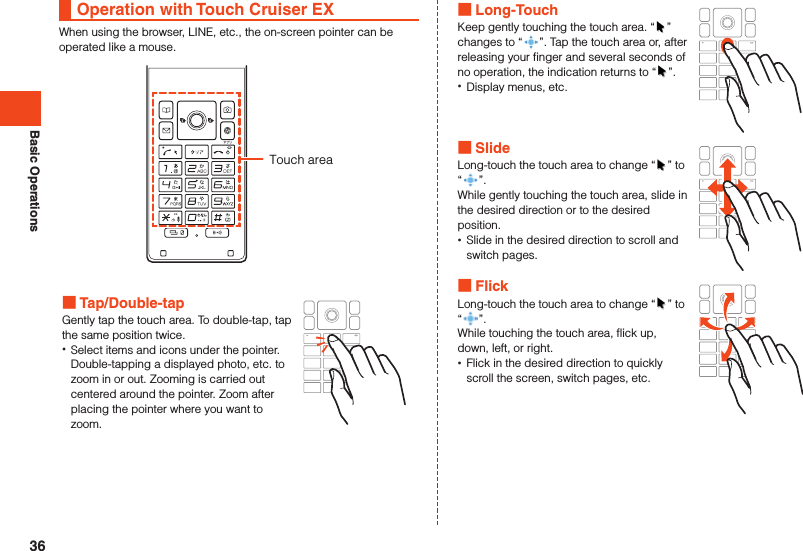 Basic OperationsOperation with Touch Cruiser EXWhen using the browser, LINE, etc., the on-screen pointer can be operated like a mouse.Touch area Tap/Double-tapGently tap the touch area. To double-tap, tap the same position twice. •Select items and icons under the pointer. Double-tapping a displayed photo, etc. to zoom in or out. Zooming is carried out centered around the pointer. Zoom after placing the pointer where you want to zoom. Long-TouchKeep gently touching the touch area. “ ” changes to “ ”. Tap the touch area or, after releasing your finger and several seconds of no operation, the indication returns to “ ”. •Display menus, etc. SlideLong-touch the touch area to change “ ” to “ ”.While gently touching the touch area, slide in the desired direction or to the desired position. •Slide in the desired direction to scroll and switch pages. FlickLong-touch the touch area to change “ ” to “”.While touching the touch area, flick up, down, left, or right. •Flick in the desired direction to quickly scroll the screen, switch pages, etc.36