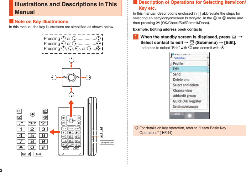 Illustrations and Descriptions in This Manual Note on Key IllustrationsIn this manual, the key illustrations are simplified as shown below.uojlm,.123456789-0^b nzqvkPressing e or c ................wPressing s or f ................xPressing e, c, s, or f ...d Description of Operations for Selecting Item/Icon/Key etc.In this manual, descriptions enclosed in [ ] abbreviate the steps for selecting an item/icon/onscreen button/etc. in the w or d menu and then pressing k (OK/Check/Set/Commit/Done).Example: Editing address book contacts1  When the standby screen is displayed, press u  Select contact to edit  u (Submenu)  [Edit].Indicates to select “Edit” with w and commit with k. ◎For details on key operation, refer to “Learn Basic Key Operations” (▶P. 44).2