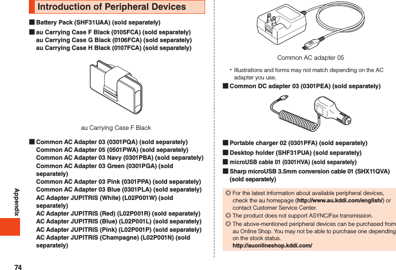 AppendixIntroduction of Peripheral Devices Battery Pack (SHF31UAA) (sold separately) au Carrying Case F Black (0105FCA) (sold separately) au Carrying Case G Black (0106FCA) (sold separately) au Carrying Case H Black (0107FCA) (sold separately)au Carrying Case F Black Common AC Adapter 03 (0301PQA) (sold separately) Common AC Adapter 05 (0501PWA) (sold separately) Common AC Adapter 03 Navy (0301PBA) (sold separately) Common AC Adapter 03 Green (0301PGA) (sold separately) Common AC Adapter 03 Pink (0301PPA) (sold separately) Common AC Adapter 03 Blue (0301PLA) (sold separately) AC Adapter JUPITRIS (White) (L02P001W) (sold separately) AC Adapter JUPITRIS (Red) (L02P001R) (sold separately) AC Adapter JUPITRIS (Blue) (L02P001L) (sold separately) AC Adapter JUPITRIS (Pink) (L02P001P) (sold separately) AC Adapter JUPITRIS (Champagne) (L02P001N) (sold separately)Common AC adapter 05 •Illustrations and forms may not match depending on the AC adapter you use. Common DC adapter 03 (0301PEA) (sold separately) Portable charger 02 (0301PFA) (sold separately) Desktop holder (SHF31PUA) (sold separately) microUSB cable 01 (0301HVA) (sold separately) Sharp microUSB 3.5mm conversion cable 01 (SHX11QVA) (sold separately) ◎For the latest information about available peripheral devices, check the au homepage (http://www.au.kddi.com/english/) or contact Customer Service Center. ◎The product does not support ASYNC/Fax transmission. ◎The above-mentioned peripheral devices can be purchased from au Online Shop. You may not be able to purchase one depending on the stock status. http://auonlineshop.kddi.com/74