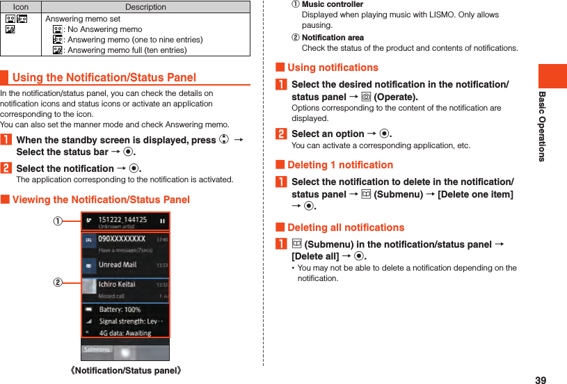 Basic OperationsIcon Description  Answering memo set: No Answering memo  : Answering memo (one to nine entries)  : Answering memo full (ten entries)Using the Notification/Status PanelIn the notification/status panel, you can check the details on notification icons and status icons or activate an application corresponding to the icon.You can also set the manner mode and check Answering memo.1  When the standby screen is displayed, press w  Select the status bar  k.2  Select the notification  k.The application corresponding to the notification is activated. Viewing the Notification/Status Panel①②《Notification/Status panel》󰒄 Music controllerDisplayed when playing music with LISMO. Only allows pausing.󰒅 Notification areaCheck the status of the product and contents of notifications. Using notifications1  Select the desired notification in the notification/status panel  o (Operate).Options corresponding to the content of the notification are displayed.2  Select an option  k.You can activate a corresponding application, etc. Deleting 1 notification1  Select the notification to delete in the notification/status panel  u (Submenu)  [Delete one item]   k. Deleting all notifications1 u (Submenu) in the notification/status panel  [Delete all]  k. •You may not be able to delete a notification depending on the notification.39