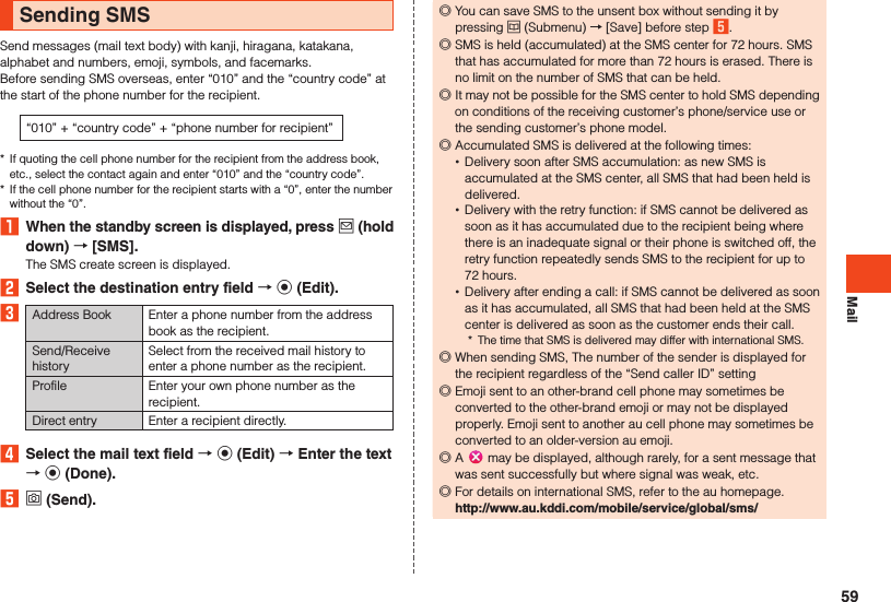 MailSending SMSSend messages (mail text body) with kanji, hiragana, katakana, alphabet and numbers, emoji, symbols, and facemarks.Before sending SMS overseas, enter “010” and the “country code” at the start of the phone number for the recipient.“010” + “country code” + “phone number for recipient”*  If quoting the cell phone number for the recipient from the address book, etc., select the contact again and enter “010” and the “country code”.*  If the cell phone number for the recipient starts with a “0”, enter the number without the “0”.1  When the standby screen is displayed, press j (hold down)  [SMS].The SMS create screen is displayed.2  Select the destination entry field  k (Edit).3Address Book Enter a phone number from the address book as the recipient.Send/Receive historySelect from the received mail history to enter a phone number as the recipient.Profile Enter your own phone number as the recipient.Direct entry Enter a recipient directly.4  Select the mail text field  k (Edit)  Enter the text  k (Done).5 o (Send). ◎You can save SMS to the unsent box without sending it by pressing u (Submenu) → [Save] before step 5. ◎SMS is held (accumulated) at the SMS center for 72 hours. SMS that has accumulated for more than 72 hours is erased. There is no limit on the number of SMS that can be held. ◎It may not be possible for the SMS center to hold SMS depending on conditions of the receiving customer’s phone/service use or the sending customer’s phone model. ◎Accumulated SMS is delivered at the following times: •Delivery soon after SMS accumulation: as new SMS is accumulated at the SMS center, all SMS that had been held is delivered. •Delivery with the retry function: if SMS cannot be delivered as soon as it has accumulated due to the recipient being where there is an inadequate signal or their phone is switched off, the retry function repeatedly sends SMS to the recipient for up to 72 hours. •Delivery after ending a call: if SMS cannot be delivered as soon as it has accumulated, all SMS that had been held at the SMS center is delivered as soon as the customer ends their call.*  The time that SMS is delivered may differ with international SMS. ◎When sending SMS, The number of the sender is displayed for the recipient regardless of the “Send caller ID” setting  ◎Emoji sent to an other-brand cell phone may sometimes be converted to the other-brand emoji or may not be displayed properly. Emoji sent to another au cell phone may sometimes be converted to an older-version au emoji. ◎A   may be displayed, although rarely, for a sent message that was sent successfully but where signal was weak, etc. ◎For details on international SMS, refer to the au homepage. 　（http://www.au.kddi.com/mobile/service/global/sms/）59