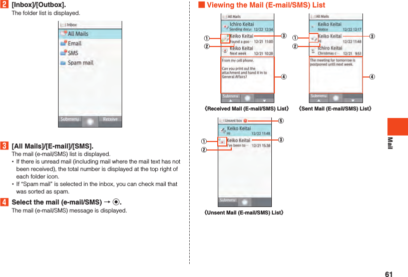 Mail2  [Inbox]/[Outbox].The folder list is displayed.3  [All Mails]/[E-mail]/[SMS].The mail (e-mail/SMS) list is displayed. •If there is unread mail (including mail where the mail text has not been received), the total number is displayed at the top right of each folder icon. •If “Spam mail” is selected in the inbox, you can check mail that was sorted as spam.4  Select the mail (e-mail/SMS)  k.The mail (e-mail/SMS) message is displayed. Viewing the Mail (E-mail/SMS) List①②③④《Received Mail (E-mail/SMS) List》《Sent Mail (E-mail/SMS) List》①②③④《Unsent Mail (E-mail/SMS) List》①②③⑤61