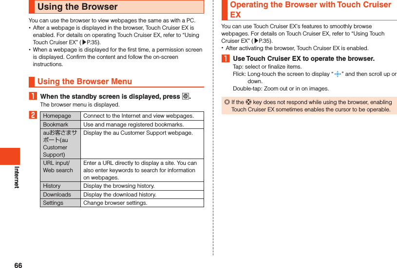 InternetUsing the BrowserYou can use the browser to view webpages the same as with a PC. •After a webpage is displayed in the browser, Touch Cruiser EX is enabled. For details on operating Touch Cruiser EX, refer to “Using Touch Cruiser EX” (▶P. 35). •When a webpage is displayed for the first time, a permission screen is displayed. Confirm the content and follow the on-screen instructions.Using the Browser Menu1  When the standby screen is displayed, press l.The browser menu is displayed.2Homepage Connect to the Internet and view webpages.Bookmark Use and manage registered bookmarks.auお客さまサポート(au Customer Support)Display the au Customer Support webpage.URL input/Web searchEnter a URL directly to display a site. You can also enter keywords to search for information on webpages. History Display the browsing history.Downloads Display the download history.  Settings Change browser settings.Operating the Browser with Touch Cruiser EXYou can use Touch Cruiser EX’s features to smoothly browse webpages. For details on Touch Cruiser EX, refer to “Using Touch Cruiser EX” (▶P. 35). •After activating the browser, Touch Cruiser EX is enabled. 1  Use Touch Cruiser EX to operate the browser.Tap: select or finalize items.Flick:   Long-touch the screen to display “ ” and then scroll up or down.Double-tap: Zoom out or in on images. ◎If the d key does not respond while using the browser, enabling Touch Cruiser EX sometimes enables the cursor to be operable.66