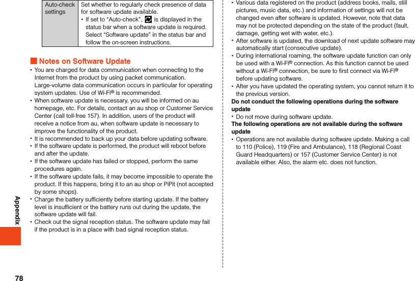 AppendixAuto-check settingsSet whether to regularly check presence of data for software update available. •If set to “Auto-check”,   is displayed in the status bar when a software update is required. Select “Software update” in the status bar and follow the on-screen instructions. Notes on Software Update •You are charged for data communication when connecting to the Internet from the product by using packet communication. Large-volume data communication occurs in particular for operating system updates. Use of Wi-Fi® is recommended. •When software update is necessary, you will be informed on au homepage, etc. For details, contact an au shop or Customer Service Center (call toll-free 157). In addition, users of the product will receive a notice from au, when software update is necessary to improve the functionality of the product. •It is recommended to back up your data before updating software. •If the software update is performed, the product will reboot before and after the update. •If the software update has failed or stopped, perform the same procedures again. •If the software update fails, it may become impossible to operate the product. If this happens, bring it to an au shop or PiPit (not accepted by some shops). •Charge the battery sufficiently before starting update. If the battery level is insufficient or the battery runs out during the update, the software update will fail. •Check out the signal reception status. The software update may fail if the product is in a place with bad signal reception status. •Various data registered on the product (address books, mails, still pictures, music data, etc.) and information of settings will not be changed even after software is updated. However, note that data may not be protected depending on the state of the product (fault, damage, getting wet with water, etc.). •After software is updated, the download of next update software may automatically start (consecutive update). •During international roaming, the software update function can only be used with a Wi-Fi® connection. As this function cannot be used without a Wi-Fi® connection, be sure to first connect via Wi-Fi® before updating software. •After you have updated the operating system, you cannot return it to the previous version.Do not conduct the following operations during the software update •Do not move during software update.The following operations are not available during the software update •Operations are not available during software update. Making a call to 110 (Police), 119 (Fire and Ambulance), 118 (Regional Coast Guard Headquarters) or 157 (Customer Service Center) is not available either. Also, the alarm etc. does not function.78