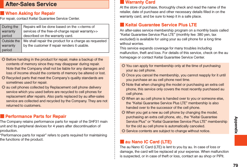 AppendixAfter-Sales Service When Asking for RepairFor repair, contact Keitai Guarantee Service Center.During the warranty periodRepairs will be done based on the &lt;&lt;terms of services of the free-of-charge repair warranty&gt;&gt; described on the warranty card.Outside the warranty periodWe shall repair the product for a charge as requested by the customer if repair renders it usable. ◎Before handing in the product for repair, make a backup of the contents of memory since they may disappear during repair. Note that the Company shall not be liable for any damages and loss of income should the contents of memory be altered or lost. ◎Recycled parts that meet the Company’s quality standards are sometimes used for repair. ◎au cell phones collected by Replacement cell phone delivery service which you used before are recycled to cell phones for replacement after repairs. Also parts replaced by au after-sales service are collected and recycled by the Company. They are not returned to customers. Performance Parts for RepairThe Company retains performance parts for repair of the SHF31 main unit and its peripheral devices for 4 years after discontinuation of production.“Performance parts for repair” refers to parts required for maintaining the functions of the product. Warranty CardAt the store of purchase, thoroughly check and read the name of the retailer, date of purchase and other necessary details filled in on the warranty card, and be sure to keep it in a safe place. Keitai Guarantee Service Plus LTEAn after-sales service membership program on a monthly basis called “Keitai Guarantee Service Plus LTE” (monthly fee: 380 yen, tax excluded) is available for using your au cell phone for a long time without worries.This service expands coverage for many troubles including malfunction, theft and loss. For details of this service, check on the au homepage or contact Keitai Guarantee Service Center. ◎You can apply for membership only at the time of purchasing your au cell phone. ◎Once you cancel the membership, you cannot reapply for it until you purchase an au cell phone next time. ◎Note that when changing the model or purchasing an extra cell phone, this service only covers the most recently purchased au cell phone. ◎When an au cell phone is handed over to you or someone else, the “Keitai Guarantee Service Plus LTE” membership is also handed over to the successor of the cell phone. ◎When you get a new au cell phone by changing the model, purchasing an extra cell phone, etc., the “Keitai Guarantee Service Plus” or “Keitai Guarantee Service Plus LTE” membership for the old au cell phone is automatically canceled. ◎Service contents are subject to change without notice. au Nano IC Card (LTE)The au Nano IC Card (LTE) is lent to you by au. In case of loss or damage, the card will be replaced at your expense. When malfunction is suspected, or in case of theft or loss, contact an au shop or PiPit.79