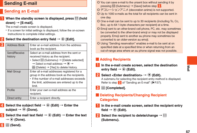 MailSending E-mailSending an E-mail1  When the standby screen is displayed, press j (hold down)  [E-mail].The e-mail create screen is displayed. •If a screen for initial settings is displayed, follow the on-screen instructions to complete initial settings.2  Select the destination entry field  k [Edit].3Address Book Enter an e-mail address from the address book as the recipient.Send/Receive historySelect an e-mail address from the sent or received history as the recipient. •Select u (Submenu) → [Delete selected] → Select e-mail address → k →  o (Delete) → [Yes] to delete history.Mail Group Enter all e-mail addresses registered for a group in the address book as the recipients. •If the number of e-mail addresses exceeds the limit, addresses are entered up to the limit.Profile Enter your own e-mail address as the recipient.Direct entry Enter a recipient directly.4  Select the subject field  k (Edit)  Enter the subject  k (Done).5  Select the mail text field  k (Edit)  Enter the text  k (Done).6 o (Send). ◎You can save e-mail to the unsent box without sending it by pressing u (Submenu) → [Save] before step 6. ◎ デコレーションアニメ (decoration anime) is not supported. ◎Up to 1000 e-mails as the total for all recipients can be sent in one day. ◎One e-mail can be sent to up to 30 recipients (including To, Cc, Bcc, up to 64 1-byte characters per recipient) at a time. ◎Emoji sent to an other-brand cell phone, PC, etc. may sometimes be converted to the other-brand emoji or may not be displayed properly. Emoji sent to another au phone may sometimes be converted to an older-version au emoji. ◎Using “Sending reservation” enables e-mail to be sent at on specified date at a specified time or when returning from an out-of-range area where an au phone signal was not possible. Adding Recipients1  In the e-mail create screen, select the destination entry field  k (Edit).2  Select &lt;Enter destination&gt;  k (Edit).A submenu for selecting the recipient entry method is displayed. Refer to step 3 of “Sending an E-mail” (▶P. 57).3 o [Completed]. Deleting Recipients/Changing Recipient Categories1  In the e-mail create screen, select the recipient entry field  k (Edit).2  Select the recipient to delete/change  u (Submenu).57
