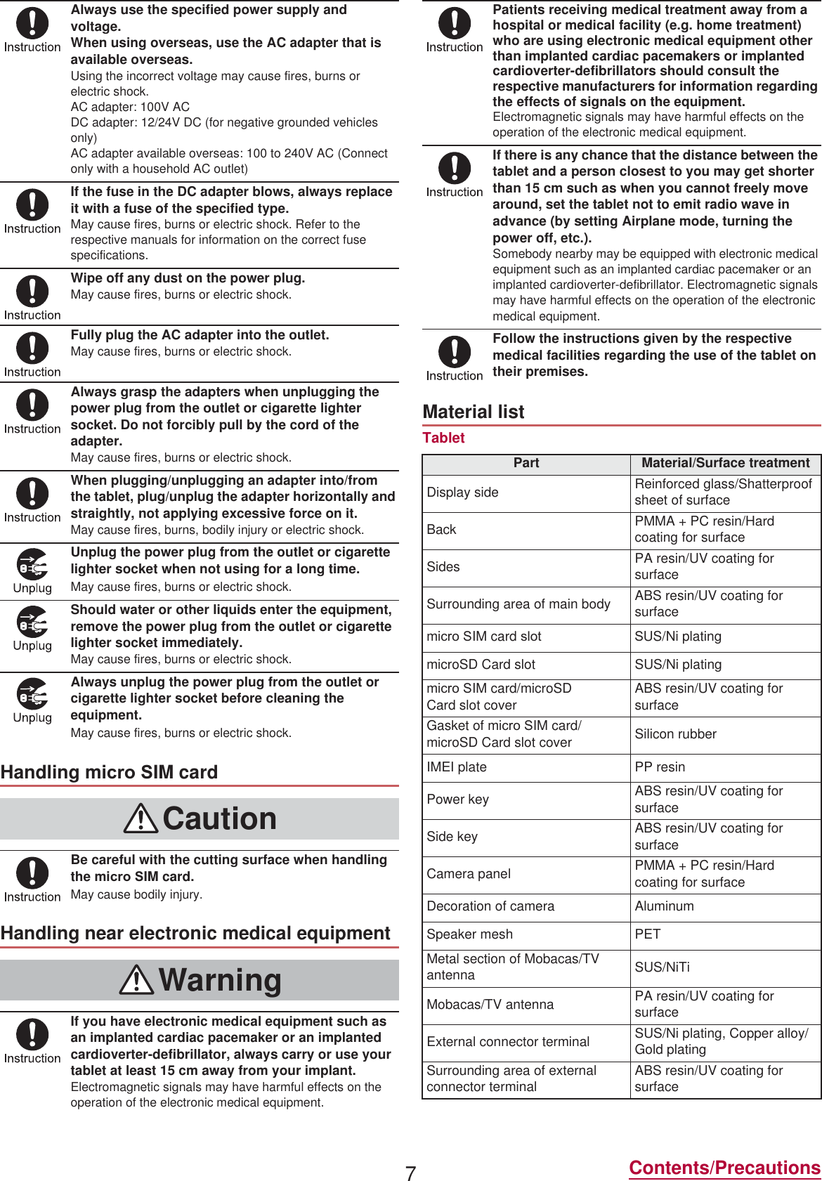 7Contents/PrecautionsTabletAlways use the specified power supply and voltage.When using overseas, use the AC adapter that is available overseas.Using the incorrect voltage may cause fires, burns or electric shock.AC adapter: 100V ACDC adapter: 12/24V DC (for negative grounded vehicles only)AC adapter available overseas: 100 to 240V AC (Connect only with a household AC outlet)If the fuse in the DC adapter blows, always replace it with a fuse of the specified type.May cause fires, burns or electric shock. Refer to the respective manuals for information on the correct fuse specifications.Wipe off any dust on the power plug.May cause fires, burns or electric shock.Fully plug the AC adapter into the outlet.May cause fires, burns or electric shock.Always grasp the adapters when unplugging the power plug from the outlet or cigarette lighter socket. Do not forcibly pull by the cord of the adapter.May cause fires, burns or electric shock.When plugging/unplugging an adapter into/from the tablet, plug/unplug the adapter horizontally and straightly, not applying excessive force on it.May cause fires, burns, bodily injury or electric shock.Unplug the power plug from the outlet or cigarette lighter socket when not using for a long time.May cause fires, burns or electric shock.Should water or other liquids enter the equipment, remove the power plug from the outlet or cigarette lighter socket immediately.May cause fires, burns or electric shock.Always unplug the power plug from the outlet or cigarette lighter socket before cleaning the equipment.May cause fires, burns or electric shock.Handling miFUR 6IM cardCautionBe careful with the cutting surface when handling the miFUR 6IM card.May cause bodily injury.Handling near electronic medical equipmentWarningIf you have electronic medical equipment such as an implanted cardiac pacemaker or an implanted cardioverter-defibrillator, always carry or use your tablet at least 15 cm away from your implant.Electromagnetic signals may have harmful effects on the operation of the electronic medical equipment.Patients receiving medical treatment away from a hospital or medical facility (e.g. home treatment) who are using electronic medical equipment other than implanted cardiac pacemakers or implanted cardioverter-defibrillators should consult the respective manufacturers for information regarding the effects of signals on the equipment.Electromagnetic signals may have harmful effects on the operation of the electronic medical equipment.If there is any chance that the distance between the tablet and a person closest to you may get shorter than 15 cm such as when you cannot freely move around, set the tablet not to emit radio wave in advance (by setting Airplane mode, turning the power off, etc.).Somebody nearby may be equipped with electronic medical equipment such as an implanted cardiac pacemaker or an implanted cardioverter-defibrillator. Electromagnetic signals may have harmful effects on the operation of the electronic medical equipment.Follow the instructions given by the respective medical facilities regarding the use of the tablet on their premises.Material listPart Material/Surface treatmentDisplay side Reinforced glass/Shatterproof sheet of surfaceBack PMMA + PC resin/Hard coating for surfaceSides PA resin/UV coating for surfaceSurrounding area of main body ABS resin/UV coating for surfacemiFUR 6IM card VORW6US/Ni platingmicroSD Card slot SUS/Ni platingmiFUR 6IM card/microSD Card slot cover ABS resin/UV coating for surfaceGasket of miFUR 6IM card/microSD Card slot cover Silicon rubberIMEI plate PP resinPower key ABS resin/UV coating for surfaceSide key ABS resin/UV coating for surfaceCamera panel PMMA + PC resin/Hard coating for surfaceDecoration of camera AluminumSpeaker mesh PETMetal section of Mobacas/TV antenna SUS/NiTiMobacas/TV antenna PA resin/UV coating for surfaceExternal connector terminal SUS/Ni plating, Copper alloy/Gold platingSurrounding area of external connector terminal ABS resin/UV coating for surface