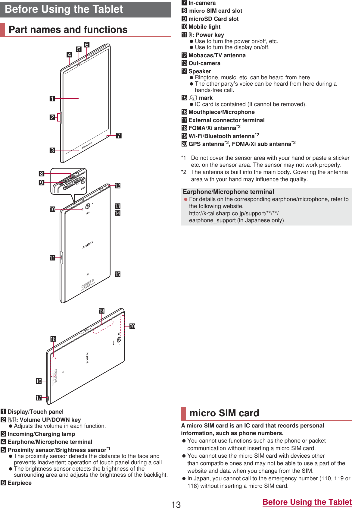 13 Before Using the Tablet1Display/Touch panel2x/y: Volume UP/DOWN key Adjusts the volume in each function.3Incoming/Charging lamp4Earphone/Microphone terminal5Proximity sensor/Brightness sensor*1 The proximity sensor detects the distance to the face and prevents inadvertent operation of touch panel during a call. The brightness sensor detects the brightness of the surrounding area and adjusts the brightness of the backlight.6Earpiece7In-camera8miFUR 6IM card slot9microSD Card slotaMobile lightbH: Power key Use to turn the power on/off, etc. Use to turn the display on/off.cMobacas/TV antennadOut-cameraeSpeaker Ringtone, music, etc. can be heard from here. The other party’s voice can be heard from here during a hands-free call.fa mark IC card is contained (It cannot be removed).gMouthpiece/MicrophonehExternal connector terminaliFOMA/Xi antenna*2jWi-Fi/Bluetooth antenna*2kGPS antenna*2, FOMA/Xi sub antenna*2*1 Do not cover the sensor area with your hand or paste a sticker etc. on the sensor area. The sensor may not work properly.*2 The antenna is built into the main body. Covering the antenna area with your hand may influence the quality.ɡUsing the desktop holderWhen you use the included desktop holder, place the tablet in the direction of the arrow so that it fits the desktop holder.Example: When the tablet is placed horizontallyA miFUR 6IM card is an IC card that records personal information, such as phone numbers. You cannot use functions such as the phone or packet communication without inserting a miFUR 6IM card. You cannot use the miFUR 6IM card with devices other than compatible ones and may not be able to use a part of the website and data when you change from the 6IM. In Japan, you cannot call to the emergency number (110, 119 or 118) without inserting a miFUR 6IM card.Before Using the TabletPart names and functionsEarphone/Microphone terminal For details on the corresponding earphone/microphone, refer to the following website.(http://k-tai.sharp.co.jp/support///earphone_support)  (in Japanese only) If you do not connect an AC adapter (sold separately), included USB coaxial conversion cable, etc. to the external connector terminal, you can also place the tablet on the desktop holder vertically.miFUR 6IM card