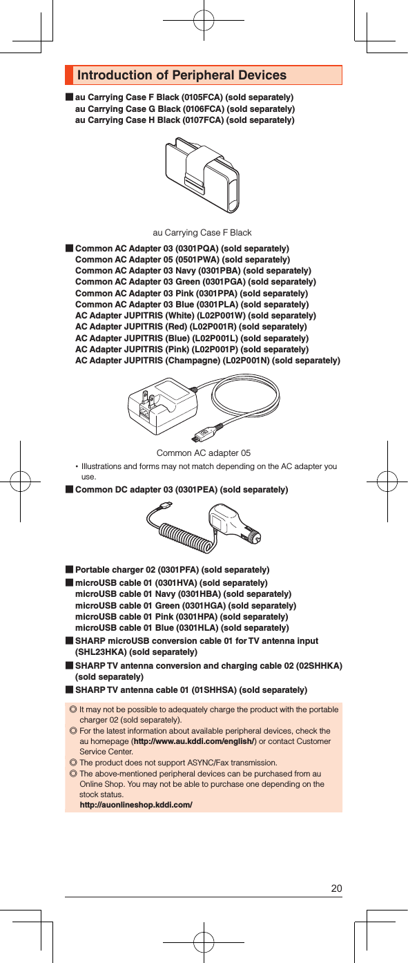 Introduction of Peripheral Devices au Carrying Case F Black (0105FCA) (sold separately) au Carrying Case G Black (0106FCA) (sold separately) au Carrying Case H Black (0107FCA) (sold separately)au Carrying Case F Black Common AC Adapter 03 (0301PQA) (sold separately) Common AC Adapter 05 (0501PWA) (sold separately) Common AC Adapter 03 Navy (0301PBA) (sold separately) Common AC Adapter 03 Green (0301PGA) (sold separately) Common AC Adapter 03 Pink (0301PPA) (sold separately) Common AC Adapter 03 Blue (0301PLA) (sold separately) AC Adapter JUPITRIS (White) (L02P001W) (sold separately) AC Adapter JUPITRIS (Red) (L02P001R) (sold separately) AC Adapter JUPITRIS (Blue) (L02P001L) (sold separately) AC Adapter JUPITRIS (Pink) (L02P001P) (sold separately) AC Adapter JUPITRIS (Champagne) (L02P001N) (sold separately)Common AC adapter 05 •Illustrations and forms may not match depending on the AC adapter you use. Common DC adapter 03 (0301PEA) (sold separately) Portable charger 02 (0301PFA) (sold separately) microUSB cable 01 (0301HVA) (sold separately) microUSB cable 01 Navy (0301HBA) (sold separately) microUSB cable 01 Green (0301HGA) (sold separately) microUSB cable 01 Pink (0301HPA) (sold separately) microUSB cable 01 Blue (0301HLA) (sold separately) SHARP microUSB conversion cable 01 for TV antenna input (SHL23HKA) (sold separately) SHARP TV antenna conversion and charging cable 02 (02SHHKA) (sold separately) SHARP TV antenna cable 01 (01SHHSA) (sold separately) ◎It may not be possible to adequately charge the product with the portable charger 02 (sold separately). ◎For the latest information about available peripheral devices, check the au homepage (http://www.au.kddi.com/english/) or contact Customer Service Center. ◎The product does not support ASYNC/Fax transmission. ◎The above-mentioned peripheral devices can be purchased from au Online Shop. You may not be able to purchase one depending on the stock status.(http://auonlineshop.kddi.com/)20