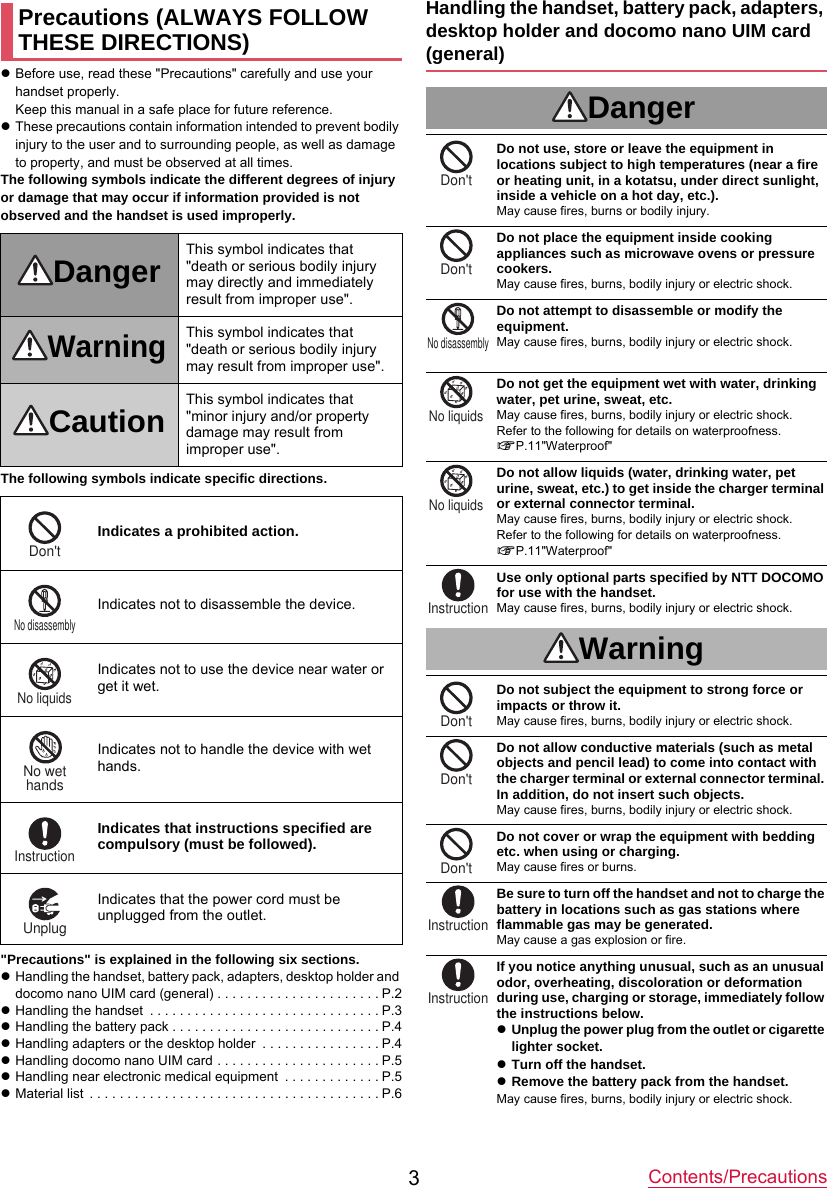 Contents/Precautions3zBefore use, read these &quot;Precautions&quot; carefully and use your handset properly.Keep this manual in a safe place for future reference.zThese precautions contain information intended to prevent bodily injury to the user and to surrounding people, as well as damage to property, and must be observed at all times.The following symbols indicate the different degrees of injury or damage that may occur if information provided is not observed and the handset is used improperly.The following symbols indicate specific directions.&quot;Precautions&quot; is explained in the following six sections.zHandling the handset, battery pack, adapters, desktop holder and docomo nano UIM card (general) . . . . . . . . . . . . . . . . . . . . . . P.2zHandling the handset  . . . . . . . . . . . . . . . . . . . . . . . . . . . . . . . P.3zHandling the battery pack . . . . . . . . . . . . . . . . . . . . . . . . . . . . P.4zHandling adapters or the desktop holder  . . . . . . . . . . . . . . . . P.4zHandling docomo nano UIM card . . . . . . . . . . . . . . . . . . . . . . P.5zHandling near electronic medical equipment  . . . . . . . . . . . . . P.5zMaterial list  . . . . . . . . . . . . . . . . . . . . . . . . . . . . . . . . . . . . . . . P.6Handling the handset, battery pack, adapters, desktop holder and docomo nano UIM card (general)DangerDo not use, store or leave the equipment in locations subject to high temperatures (near a fire or heating unit, in a kotatsu, under direct sunlight, inside a vehicle on a hot day, etc.).May cause fires, burns or bodily injury.Do not place the equipment inside cooking appliances such as microwave ovens or pressure cookers.May cause fires, burns, bodily injury or electric shock.Do not attempt to disassemble or modify the equipment.May cause fires, burns, bodily injury or electric shock.Do not get the equipment wet with water, drinking water, pet urine, sweat, etc.May cause fires, burns, bodily injury or electric shock.Refer to the following for details on waterproofness.nP.11&quot;Waterproof&quot;Do not allow liquids (water, drinking water, pet urine, sweat, etc.) to get inside the charger terminal or external connector terminal.May cause fires, burns, bodily injury or electric shock.Refer to the following for details on waterproofness.nP.11&quot;Waterproof&quot;Use only optional parts specified by NTT DOCOMO for use with the handset.May cause fires, burns, bodily injury or electric shock.WarningDo not subject the equipment to strong force or impacts or throw it.May cause fires, burns, bodily injury or electric shock.Do not allow conductive materials (such as metal objects and pencil lead) to come into contact with the charger terminal or external connector terminal. In addition, do not insert such objects.May cause fires, burns, bodily injury or electric shock.Do not cover or wrap the equipment with bedding etc. when using or charging.May cause fires or burns.Be sure to turn off the handset and not to charge the battery in locations such as gas stations where flammable gas may be generated.May cause a gas explosion or fire.If you notice anything unusual, such as an unusual odor, overheating, discoloration or deformation during use, charging or storage, immediately follow the instructions below.zUnplug the power plug from the outlet or cigarette lighter socket.zTurn off the handset.zRemove the battery pack from the handset.May cause fires, burns, bodily injury or electric shock.Precautions (ALWAYS FOLLOW THESE DIRECTIONS)Danger This symbol indicates that &quot;death or serious bodily injury may directly and immediately result from improper use&quot;.WarningThis symbol indicates that &quot;death or serious bodily injury may result from improper use&quot;.Caution This symbol indicates that &quot;minor injury and/or property damage may result from improper use&quot;.Indicates a prohibited action.Indicates not to disassemble the device.Indicates not to use the device near water or get it wet.Indicates not to handle the device with wet hands.Indicates that instructions specified are compulsory (must be followed).Indicates that the power cord must be unplugged from the outlet.Don&apos;tNo disassemblyNo liquidsNo wethandsInstructionUnplugDon&apos;tDon&apos;tNo disassemblyNo liquidsNo liquidsInstructionDon&apos;tDon&apos;tDon&apos;tInstructionInstruction