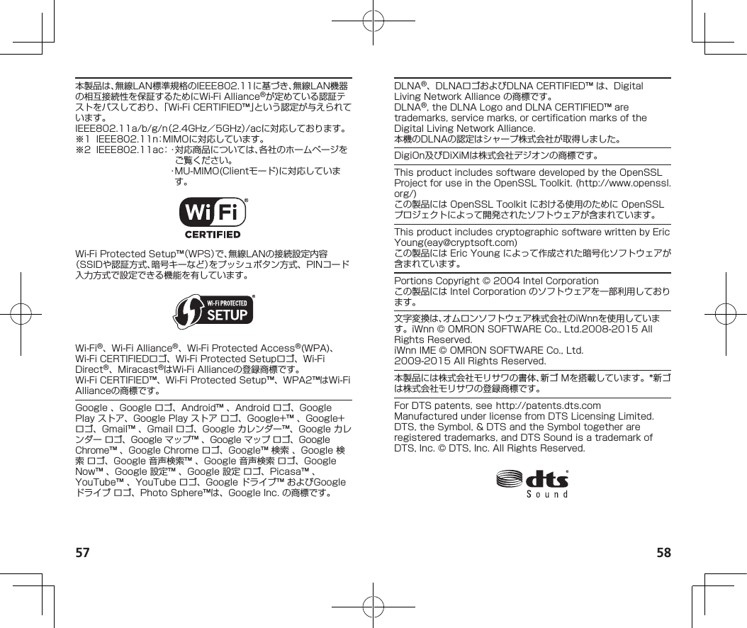 57 58本製品は、無線LAN標準規格のIEEE802.11に基づき、無線LAN機器の相互接続性を保証するためにWi-FiAlliance®が定めている認証テストをパスしており、「Wi-FiCERTIFIED™」という認定が与えられています。IEEE802.11a/b/g/n（2.4GHz／5GHz）/acに対応しております。※1 IEEE802.11n：MIMOに対応しています。※2 IEEE802.11ac：・対応商品については、各社のホームページをご覧ください。・MU-MIMO(Clientモード)に対応しています。Wi-FiProtectedSetup™（WPS）で、無線LANの接続設定内容（SSIDや認証方式、暗号キーなど）をプッシュボタン方式、PINコード入力方式で設定できる機能を有しています。Wi-Fi®、Wi-FiAlliance®、Wi-FiProtectedAccess®(WPA)、Wi-FiCERTIFIEDロゴ、Wi-FiProtectedSetupロゴ、Wi-FiDirect®、Miracast®はWi-FiAllianceの登録商標です。Wi-FiCERTIFIED™、Wi-FiProtectedSetup™、WPA2™はWi-FiAllianceの商標です。Google、Googleロゴ、Android™、Androidロゴ、GooglePlayストア、GooglePlayストアロゴ、Google+™、Google+ロゴ、Gmail™、Gmailロゴ、Googleカレンダー™、Googleカレンダーロゴ、Googleマップ™、Googleマップロゴ、GoogleChrome™、GoogleChromeロゴ、Google™検索、Google検索ロゴ、Google音声検索™、Google音声検索ロゴ、GoogleNow™、Google設定™、Google設定ロゴ、Picasa™、YouTube™、YouTubeロゴ、Googleドライブ™およびGoogleドライブロゴ、PhotoSphere™は、GoogleInc.の商標です。DLNA®、DLNAロゴおよびDLNACERTIFIED™は、DigitalLivingNetworkAllianceの商標です。DLNA®,theDLNALogoandDLNACERTIFIED™aretrademarks,servicemarks,orcertificationmarksoftheDigitalLivingNetworkAlliance.本機のDLNAの認定はシャープ株式会社が取得しました。DigiOn及びDiXiMは株式会社デジオンの商標です。ThisproductincludessoftwaredevelopedbytheOpenSSLProjectforuseintheOpenSSLToolkit.(http://www.openssl.org/)この製品にはOpenSSLToolkitにおける使用のためにOpenSSLプロジェクトによって開発されたソフトウェアが含まれています。ThisproductincludescryptographicsoftwarewrittenbyEricYoung(eay@cryptsoft.com)この製品にはEricYoungによって作成された暗号化ソフトウェアが含まれています。PortionsCopyright©2004IntelCorporationこの製品にはIntelCorporationのソフトウェアを一部利用しております。文字変換は、オムロンソフトウェア株式会社のiWnnを使用しています。iWnn©OMRONSOFTWARECo.,Ltd.2008-2015AllRightsReserved.iWnnIME©OMRONSOFTWARECo.,Ltd.2009-2015AllRightsReserved.本製品には株式会社モリサワの書体、新ゴMを搭載しています。*新ゴは株式会社モリサワの登録商標です。ForDTSpatents,see(http://patents.dts.com)ManufacturedunderlicensefromDTSLicensingLimited.DTS,theSymbol,&amp;DTSandtheSymboltogetherareregisteredtrademarks,andDTSSoundisatrademarkofDTS,Inc.©DTS,Inc.AllRightsReserved.