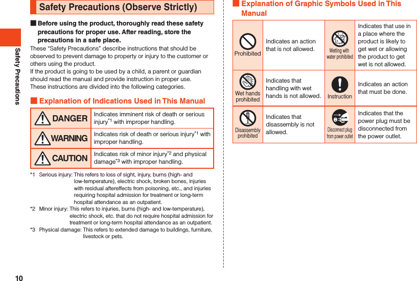 Safety PrecautionsSafety Precautions (Observe Strictly) Before using the product, thoroughly read these safety precautions for proper use. After reading, store the precautions in a safe place.These “Safety Precautions” describe instructions that should be observed to prevent damage to property or injury to the customer or others using the product.If the product is going to be used by a child, a parent or guardian should read the manual and provide instruction in proper use.These instructions are divided into the following categories. Explanation of Indications Used in This Manual DANGER Indicates imminent risk of death or serious injury*1 with improper handling. WARNING Indicates risk of death or serious injury*1 with improper handling. CAUTION Indicates risk of minor injury*2 and physical damage*3 with improper handling.*1  Serious injury:  This refers to loss of sight, injury, burns (high- and low-temperature), electric shock, broken bones, injuries with residual aftereffects from poisoning, etc., and injuries requiring hospital admission for treatment or long-term hospital attendance as an outpatient.*2  Minor injury:  This refers to injuries, burns (high- and low-temperature), electric shock, etc. that do not require hospital admission for treatment or long-term hospital attendance as an outpatient.*3  Physical damage:  This refers to extended damage to buildings, furniture, livestock or pets. Explanation of Graphic Symbols Used in This ManualProhibitedIndicates an action that is not allowed.Wetting with water prohibitedIndicates that use in a place where the product is likely to get wet or allowing the product to get wet is not allowed.Wet handsprohibitedIndicates that handling with wet hands is not allowed.InstructionIndicates an action that must be done.DisassemblyprohibitedIndicates that disassembly is not allowed.Disconnect plugfrom power outletIndicates that the power plug must be disconnected from the power outlet.10