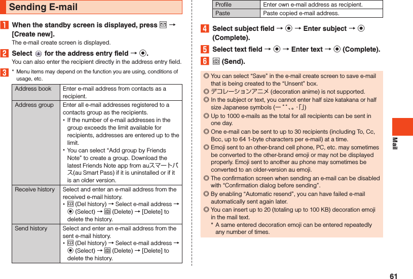 MailSending E-mail1  When the standby screen is displayed, press j  [Create new].The e-mail create screen is displayed.2  Select   for the address entry field  k.You can also enter the recipient directly in the address entry field.3*  Menu items may depend on the function you are using, conditions of usage, etc.Address book Enter e-mail address from contacts as a recipient.Address group Enter all e-mail addresses registered to a contacts group as the recipients. •If the number of e-mail addresses in the group exceeds the limit available for recipients, addresses are entered up to the limit. •You can select “Add group by Friends Note” to create a group. Download the latest Friends Note app from auスマートパス(au Smart Pass) if it is uninstalled or if it is an older version.Receive history Select and enter an e-mail address from the received e-mail history. •u (Del history) → Select e-mail address → k (Select) → o (Delete) → [Delete] to delete the history.Send history Select and enter an e-mail address from the sent e-mail history. •u (Del history) → Select e-mail address → k (Select) → o (Delete) → [Delete] to delete the history.Profile Enter own e-mail address as recipient.Paste Paste copied e-mail address.4  Select subject field  k  Enter subject  k (Complete).5  Select text field  k  Enter text  k (Complete).6 o (Send). ◎You can select “Save” in the e-mail create screen to save e-mail that is being created to the “Unsent” box. ◎ デコレーションアニメ (decoration anime) is not supported. ◎In the subject or text, you cannot enter half size katakana or half size Japanese symbols (ー ゛゜、。・「」) ◎Up to 1000 e-mails as the total for all recipients can be sent in one day. ◎One e-mail can be sent to up to 30 recipients (including To, Cc, Bcc, up to 64 1-byte characters per e-mail) at a time. ◎Emoji sent to an other-brand cell phone, PC, etc. may sometimes be converted to the other-brand emoji or may not be displayed properly. Emoji sent to another au phone may sometimes be converted to an older-version au emoji. ◎The confirmation screen when sending an e-mail can be disabled with “Confirmation dialog before sending”. ◎By enabling “Automatic resend”, you can have failed e-mail automatically sent again later. ◎You can insert up to 20 (totaling up to 100 KB) decoration emoji in the mail text.* A same entered decoration emoji can be entered repeatedly any number of times.61