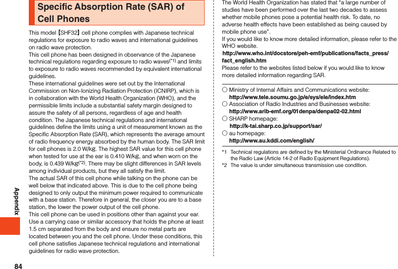 AppendixSpecific Absorption Rate (SAR) of Cell PhonesThis model 【SHF32】 cell phone complies with Japanese technical regulations for exposure to radio waves and international guidelines on radio wave protection.This cell phone has been designed in observance of the Japanese technical regulations regarding exposure to radio waves(*1) and limits to exposure to radio waves recommended by equivalent international guidelines.These international guidelines were set out by the International Commission on Non-Ionizing Radiation Protection (ICNIRP), which is in collaboration with the World Health Organization (WHO), and the permissible limits include a substantial safety margin designed to assure the safety of all persons, regardless of age and health condition. The Japanese technical regulations and international guidelines define the limits using a unit of measurement known as the Specific Absorption Rate (SAR), which represents the average amount of radio frequency energy absorbed by the human body. The SAR limit for cell phones is 2.0 W/kg. The highest SAR value for this cell phone when tested for use at the ear is 0.410 W/kg, and when worn on the body, is 0.439 W/kg(*2). There may be slight differences in SAR levels among individual products, but they all satisfy the limit.The actual SAR of this cell phone while talking on the phone can be well below that indicated above. This is due to the cell phone being designed to only output the minimum power required to communicate with a base station. Therefore in general, the closer you are to a base station, the lower the power output of the cell phone.This cell phone can be used in positions other than against your ear. Use a carrying case or similar accessory that holds the phone at least 1.5 cm separated from the body and ensure no metal parts are located between you and the cell phone. Under these conditions, this cell phone satisfies Japanese technical regulations and international guidelines for radio wave protection.The World Health Organization has stated that “a large number of studies have been performed over the last two decades to assess whether mobile phones pose a potential health risk. To date, no adverse health effects have been established as being caused by mobile phone use”.If you would like to know more detailed information, please refer to the WHO website.(http://www.who.int/docstore/peh-emf/publications/facts_press/fact_english.htm)Please refer to the websites listed below if you would like to know more detailed information regarding SAR.○ Ministry of Internal Affairs and Communications website:  http://www.tele.soumu.go.jp/e/sys/ele/index.htm○ Association of Radio Industries and Businesses website:  http://www.arib-emf.org/01denpa/denpa02-02.html○ SHARP homepage: (http://k-tai.sharp.co.jp/support/sar/)○ au homepage:  http://www.au.kddi.com/english/*1  Technical regulations are defined by the Ministerial Ordinance Related to the Radio Law (Article 14-2 of Radio Equipment Regulations).*2  The value is under simultaneous transmission use condition.84