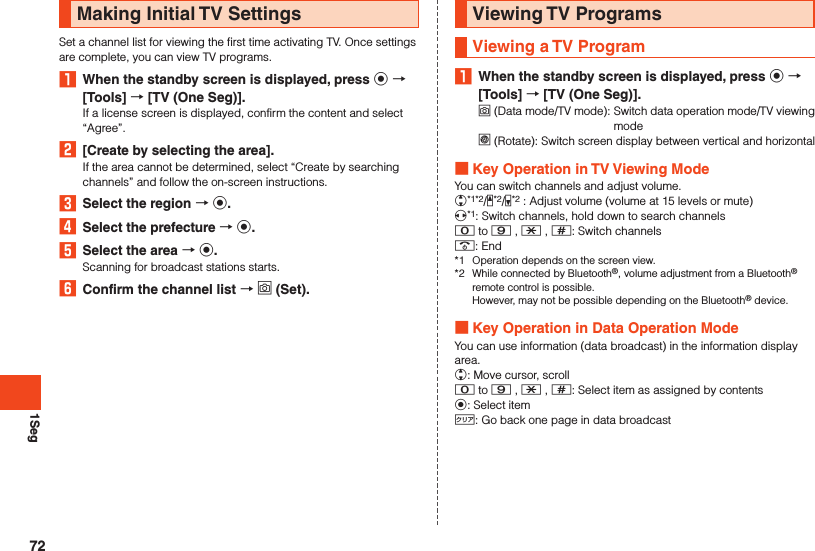 1SegMaking Initial TV SettingsSet a channel list for viewing the first time activating TV. Once settings are complete, you can view TV programs.1  When the standby screen is displayed, press k  [Tools]  [TV (One Seg)].If a license screen is displayed, confirm the content and select “Agree”.2  [Create by selecting the area].If the area cannot be determined, select “Create by searching channels” and follow the on-screen instructions.3  Select the region  k.4  Select the prefecture  k.5  Select the area  k.Scanning for broadcast stations starts.6  Confirm the channel list  o (Set).Viewing TV ProgramsViewing a TV Program1  When the standby screen is displayed, press k  [Tools]  [TV (One Seg)].o (Data mode/TV mode):   Switch data operation mode/TV viewing model (Rotate):   Switch screen display between vertical and horizontal Key Operation in TV Viewing ModeYou can switch channels and adjust volume.w*1*2/z*2/q*2 : Adjust volume (volume at 15 levels or mute)x*1: Switch channels, hold down to search channels0 to 9 , - , ^: Switch channels.: End*1  Operation depends on the screen view.*2  While connected by Bluetooth®, volume adjustment from a Bluetooth® remote control is possible.  However, may not be possible depending on the Bluetooth® device. Key Operation in Data Operation ModeYou can use information (data broadcast) in the information display area.w: Move cursor, scroll0 to 9 , - , ^: Select item as assigned by contentsk: Select item,: Go back one page in data broadcast72