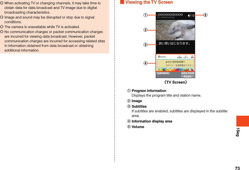 1Seg ◎When activating TV or changing channels, it may take time to obtain data for data broadcast and TV image due to digital broadcasting characteristics. ◎Image and sound may be disrupted or stop due to signal conditions. ◎The camera is unavailable while TV is activated. ◎No communication charges or packet communication charges are incurred for viewing data broadcast. However, packet communication charges are incurred for accessing related sites in information obtained from data broadcast or obtaining additional information. Viewing the TV Screen《TV Screen》①②③④⑤󰒄 Program informationDisplays the program title and station name.󰒅 Image󰒆 SubtitlesIf subtitles are enabled, subtitles are displayed in the subtitle area.󰒇 Information display area󰒈 Volume73