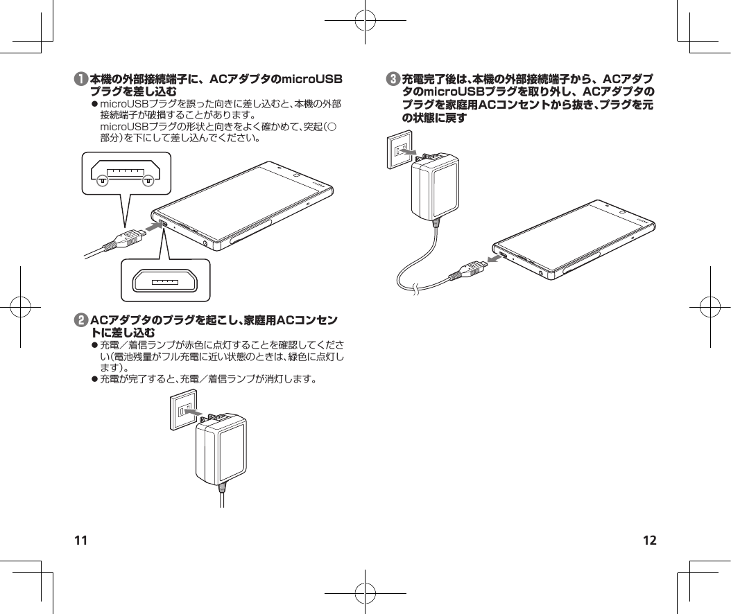 11 12❶⿟microUSBプラグを誤った向きに差し込むと、本機の外部接続端子が破損することがあります。microUSBプラグの形状と向きをよく確かめて、突起（○部分）を下にして差し込んでください。❷⿟充電／着信ランプが赤色に点灯することを確認してください（電池残量がフル充電に近い状態のときは、緑色に点灯します）。⿟充電が完了すると、充電／着信ランプが消灯します。❸