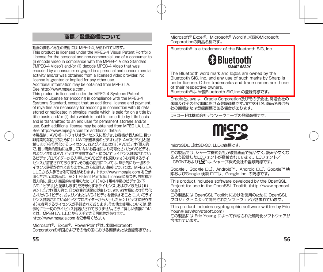 55 56商標／登録商標について動画の撮影／再生の技術には「MPEG-4」が使われています。This⿟product⿟is⿟licensed⿟under⿟the⿟MPEG-4⿟Visual⿟Patent⿟Portfolio⿟License⿟for⿟the⿟personal⿟and⿟non-commercial⿟use⿟of⿟a⿟consumer⿟to⿟(i)⿟encode⿟video⿟in⿟compliance⿟with⿟the⿟MPEG-4⿟Video⿟Standard⿟(&quot;MPEG-4⿟Video&quot;)⿟and/or⿟(ii)⿟decode⿟MPEG-4⿟Video⿟that⿟was⿟encoded⿟by⿟a⿟consumer⿟engaged⿟in⿟a⿟personal⿟and⿟noncommercial⿟activity⿟and/or⿟was⿟obtained⿟from⿟a⿟licensed⿟video⿟provider.⿟No⿟license⿟is⿟granted⿟or⿟implied⿟for⿟any⿟other⿟use.Additional⿟information⿟may⿟be⿟obtained⿟from⿟MPEG⿟LA.See⿟（http://www.mpegla.com）⿟.This⿟product⿟is⿟licensed⿟under⿟the⿟MPEG-4⿟Systems⿟Patent⿟Portfolio⿟License⿟for⿟encoding⿟in⿟compliance⿟with⿟the⿟MPEG-4⿟Systems⿟Standard,⿟except⿟that⿟an⿟additional⿟license⿟and⿟payment⿟of⿟royalties⿟are⿟necessary⿟for⿟encoding⿟in⿟connection⿟with⿟(i)⿟data⿟stored⿟or⿟replicated⿟in⿟physical⿟media⿟which⿟is⿟paid⿟for⿟on⿟a⿟title⿟by⿟title⿟basis⿟and/or⿟(ii)⿟data⿟which⿟is⿟paid⿟for⿟on⿟a⿟title⿟by⿟title⿟basis⿟and⿟is⿟transmitted⿟to⿟an⿟end⿟user⿟for⿟permanent⿟storage⿟and/or⿟use.⿟Such⿟additional⿟license⿟may⿟be⿟obtained⿟from⿟MPEG⿟LA,⿟LLC.See⿟（http://www.mpegla.com）⿟for⿟additional⿟details.本製品は、AVCポートフォリオライセンスに基づき、お客様が個人的に、且つ非商業的な使用のために（ⅰ）AVC規格準拠のビデオ（以下「AVCビデオ」と記載します）を符号化するライセンス、および／または（ⅱ）AVCビデオ（個人的で、且つ商業的活動に従事していないお客様により符号化されたAVCビデオ、および／またはAVCビデオを提供することについてライセンス許諾されているビデオプロバイダーから入手したAVCビデオに限ります）を復号するライセンスが許諾されております。その他の使用については、黙示的にも一切のライセンス許諾がされておりません。さらに詳しい情報については、MPEG⿟LA,⿟L.L.C.から入手できる可能性があります。（http://www.mpegla.com）⿟をご参照ください。本製品は、VC-1⿟Patent⿟Portfolio⿟Licenseに基づき、お客様が個人的に、且つ非商業的な使用のために（ⅰ）VC-1規格準拠のビデオ（以下「VC-1ビデオ」と記載します）を符号化するライセンス、および／または（ⅱ）VC-1ビデオ（個人的で、且つ商業的活動に従事していないお客様により符号化されたVC-1ビデオ、および／またはVC-1ビデオを提供することについてライセンス許諾されているビデオプロバイダーから入手したVC-1ビデオに限ります）を復号するライセンスが許諾されております。その他の使用については、黙示的にも一切のライセンス許諾がされておりません。さらに詳しい情報については、MPEG⿟LA,⿟L.L.C.から入手できる可能性があります。⿟（（http://www.mpegla.com））⿟をご参照ください。Microsoft®、Excel®、PowerPoint®は、米国Microsoft⿟Corporationの米国およびその他の国における商標または登録商標です。Microsoft®⿟Excel®、Microsoft®⿟Wordは、米国のMicrosoft⿟Corporationの商品名称です。Bluetooth®⿟is⿟a⿟trademark⿟of⿟the⿟Bluetooth⿟SIG,⿟Inc.⿟The⿟Bluetooth⿟word⿟mark⿟and⿟logos⿟are⿟owned⿟by⿟the⿟Bluetooth⿟SIG,⿟Inc.⿟and⿟any⿟use⿟of⿟such⿟marks⿟by⿟Sharp⿟is⿟under⿟license.⿟Other⿟trademarks⿟and⿟trade⿟names⿟are⿟those⿟of⿟their⿟respective⿟owners.Bluetooth®は、米国Bluetooth⿟SIG,Inc.の登録商標です。OracleとJavaは、Oracle⿟Corporation及びその子会社、関連会社の米国及びその他の国における登録商標です。文中の社名、商品名等は各社の商標または登録商標である場合があります。QRコードは株式会社デンソーウェーブの登録商標です。microSDロゴはSD-3C,⿟LLCの商標です。この製品では、シャープ株式会社が液晶画面で見やすく、読みやすくなるよう設計したLCフォントが搭載されています。LCフォント／LCFONTおよび は、シャープ株式会社の登録商標です。Google⿟、Google⿟ロゴ、Android™⿟、Android⿟ロゴ、Google™⿟検索およびGoogle⿟検索⿟ロゴは、Google⿟Inc.⿟の商標です。This⿟product⿟includes⿟software⿟developed⿟by⿟the⿟OpenSSL⿟Project⿟for⿟use⿟in⿟the⿟OpenSSL⿟Toolkit.⿟(http://www.openssl.org/)この製品には⿟OpenSSL⿟Toolkit⿟における使用のために⿟OpenSSL⿟プロジェクトによって開発されたソフトウェアが含まれています。This⿟product⿟includes⿟cryptographic⿟software⿟written⿟by⿟Eric⿟Young(eay@cryptsoft.com)この製品には⿟Eric⿟Young⿟によって作成された暗号化ソフトウェアが含まれています。