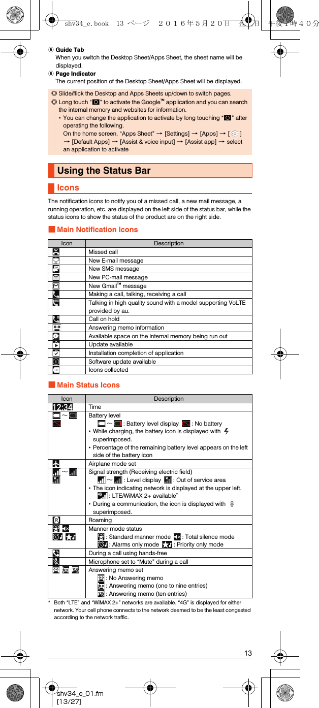 13shv34_e_01.fm[13/27]EGuide TabWhen you switch the Desktop Sheet/Apps Sheet, the sheet name will be displayed.FPage IndicatorThe current position of the Desktop Sheet/Apps Sheet will be displayed.The notification icons to notify you of a missed call, a new mail message, a running operation, etc. are displayed on the left side of the status bar, while the status icons to show the status of the product are on the right side.■Main Notification Icons■Main Status Icons* Both “LTE” and “WiMAX 2+” networks are available. “4G” is displayed for either network. Your cell phone connects to the network deemed to be the least congested according to the network traffic.◎Slide/flick the Desktop and Apps Sheets up/down to switch pages.◎Long touch “#” to activate the Google™ application and you can search the internal memory and websites for information.•You can change the application to activate by long touching “#” after operating the following.On the home screen, “Apps Sheet” [[Settings] [[Apps] [[] [[Default Apps] [[Assist &amp; voice input] [[Assist app] [select an application to activateUsing the Status BarIconsIcon DescriptionMissed callNew E-mail messageNew SMS messageNew PC-mail messageNew Gmail™ messageMaking a call, talking, receiving a callTalking in high quality sound with a model supporting VoLTE provided by au.Call on holdAnswering memo informationAvailable space on the internal memory being run outUpdate availableInstallation completion of applicationSoftware update availableIcons collectedIcon DescriptionTime∼Battery level∼: Battery level display  : No battery•While charging, the battery icon is displayed with   superimposed.•Percentage of the remaining battery level appears on the left side of the battery iconAirplane mode set∼Signal strength (Receiving electric field)∼: Level display  : Out of service area•The icon indicating network is displayed at the upper left.: LTE/WiMAX 2+ available*•During a communication, the icon is displayed with   superimposed.RoamingManner mode status: Standard manner mode  : Total silence mode: Alarms only mode  : Priority only modeDuring a call using hands-freeMicrophone set to “Mute” during a callAnswering memo set: No Answering memo: Answering memo (one to nine entries): Answering memo (ten entries)shv34_e.book  13 ページ  ２０１６年５月２０日　金曜日　午後１時４０分