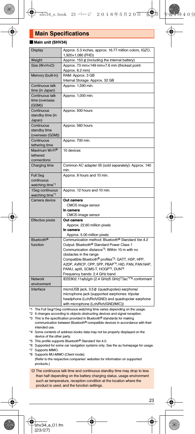 23shv34_e_01.fm[23/27]■Main unit (SHV34)*1 The Full Seg/1Seg continuous watching time varies depending on the usage.*2 It changes according to objects obstructing devices and signal reception.*3 This is the specification provided in Bluetooth® standards for making communication between Bluetooth®-compatible devices in accordance with their intended use.*4 Some contents of address books data may not be properly displayed on the device of the other party.*5 This profile supports Bluetooth® Standard Ver.4.0.*6 Supported for some car navigation systems only. See the au homepage for usage.*7 Supports MIMO.*8 Supports MU-MIMO (Client mode).(Refer to the respective companies&apos; websites for information on supported products.)Main SpecificationsDisplay Approx. 5.3 inches, approx. 16.77 million colors, IGZO, 1,920×1,080 (FHD)Weight Approx. 153 g (including the internal battery)Size (W×H×D) Approx. 73 mm×149 mm×7.6 mm (thickest point: Approx. 8.2 mm)Memory (built-in) RAM: Approx. 3 GBInternal Storage: Approx. 32 GBContinuous talk time (in Japan)Approx. 1,590 min.Continuous talk time (overseas (GSM))Approx. 1,000 min.Continuous standby time (in Japan)Approx. 500 hoursContinuous standby time (overseas (GSM))Approx. 560 hoursContinuous tethering timeApprox. 700 min.Maximum Wi-Fi® tethered connections10 devicesCharging time Common AC adapter 05 (sold separately): Approx. 140 min.Full Seg continuous watching time*1Approx. 8 hours and 10 min.1Seg continuous watching time*1Approx. 12 hours and 10 min.Camera device Out cameraCMOS image sensorIn cameraCMOS image sensorEffective pixels Out cameraApprox. 22.60 million pixelsIn cameraApprox. 5.00 million pixelsBluetooth® functionCommunication method: Bluetooth® Standard Ver.4.2Output: Bluetooth® Standard Power Class 1Communication distance*2: Within 10 m with no obstacles in the rangeCompatible Bluetooth® profiles*3: GATT, HSP, HFP, A2DP, AVRCP, OPP, SPP, PBAP*4, HID, PAN, PAN NAP, PANU, aptX, SCMS-T, HOGP*5, DUN*6Frequency bands: 2.4 GHz bandNetwork environmentIEEE802.11a/b/g/n (2.4 GHz/5 GHz)*7/ac*7*8 conformantInterface microUSB jack, 3.5φ (quadrupoles) earphone/microphone jack (supported earphones: tripolar headphone (Lch/Rch/GND) and quadrupolar earphone with microphone (Lch/Rch/GND/MIC))◎The continuous talk time and continuous standby time may drop to less than half depending on the battery charging status, usage environment such as temperature, reception condition at the location where the product is used, and the function settings.shv34_e.book  23 ページ  ２０１６年５月２０日　金曜日　午後１時４０分