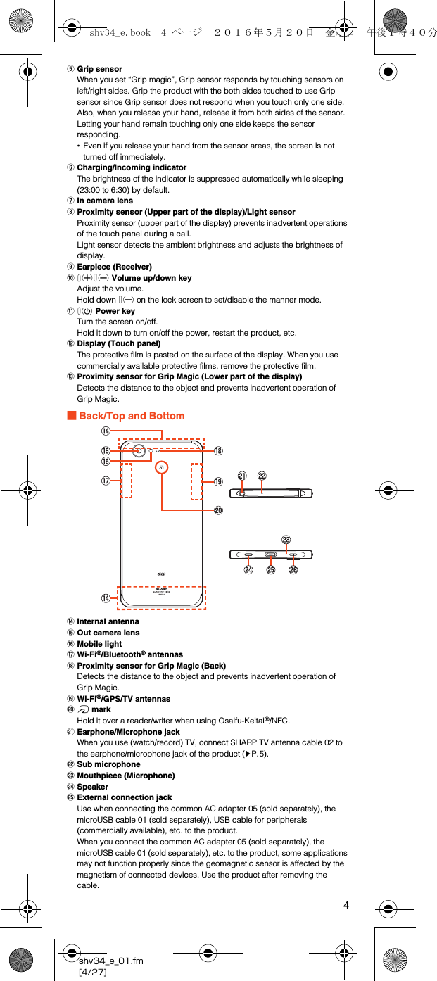 4shv34_e_01.fm[4/27]EGrip sensorWhen you set “Grip magic”, Grip sensor responds by touching sensors on left/right sides. Grip the product with the both sides touched to use Grip sensor since Grip sensor does not respond when you touch only one side. Also, when you release your hand, release it from both sides of the sensor. Letting your hand remain touching only one side keeps the sensor responding.•Even if you release your hand from the sensor areas, the screen is not turned off immediately.FCharging/Incoming indicatorThe brightness of the indicator is suppressed automatically while sleeping (23:00 to 6:30) by default.GIn camera lensHProximity sensor (Upper part of the display)/Light sensorProximity sensor (upper part of the display) prevents inadvertent operations of the touch panel during a call.Light sensor detects the ambient brightness and adjusts the brightness of display.IEarpiece (Receiver)Jud Volume up/down keyAdjust the volume.Hold down d on the lock screen to set/disable the manner mode.Kf Power keyTurn the screen on/off.Hold it down to turn on/off the power, restart the product, etc.LDisplay (Touch panel)The protective film is pasted on the surface of the display. When you use commercially available protective films, remove the protective film.MProximity sensor for Grip Magic (Lower part of the display)Detects the distance to the object and prevents inadvertent operation of Grip Magic.■Back/Top and BottomNInternal antennaOOut camera lensPMobile lightQWi-Fi®/Bluetooth® antennasRProximity sensor for Grip Magic (Back)Detects the distance to the object and prevents inadvertent operation of Grip Magic.SWi-Fi®/GPS/TV antennasT&amp; markHold it over a reader/writer when using Osaifu-Keitai®/NFC.UEarphone/Microphone jackWhen you use (watch/record) TV, connect SHARP TV antenna cable 02 to the earphone/microphone jack of the product (zP.5).VSub microphoneWMouthpiece (Microphone)XSpeakerYExternal connection jackUse when connecting the common AC adapter 05 (sold separately), the microUSB cable 01 (sold separately), USB cable for peripherals (commercially available), etc. to the product.When you connect the common AC adapter 05 (sold separately), the microUSB cable 01 (sold separately), etc. to the product, some applications may not function properly since the geomagnetic sensor is affected by the magnetism of connected devices. Use the product after removing the cable.shv34_e.book  4 ページ  ２０１６年５月２０日　金曜日　午後１時４０分