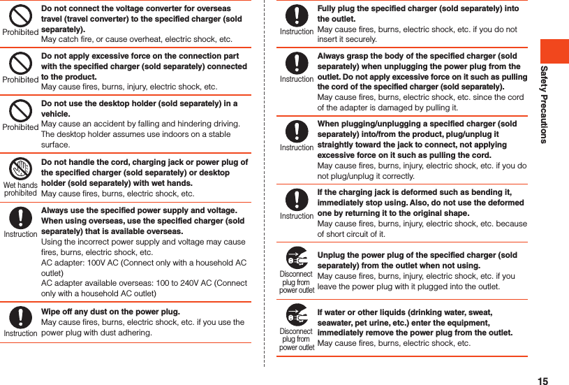 Safety PrecautionsProhibitedDo not connect the voltage converter for overseas travel (travel converter) to the specified charger (sold separately).May catch fire, or cause overheat, electric shock, etc.ProhibitedDo not apply excessive force on the connection part with the specified charger (sold separately) connected to the product.May cause fires, burns, injury, electric shock, etc.ProhibitedDo not use the desktop holder (sold separately) in a vehicle.May cause an accident by falling and hindering driving. The desktop holder assumes use indoors on a stable surface.Wet handsprohibitedDo not handle the cord, charging jack or power plug of the specified charger (sold separately) or desktop holder (sold separately) with wet hands.May cause fires, burns, electric shock, etc.InstructionAlways use the specified power supply and voltage.When using overseas, use the specified charger (sold separately) that is available overseas.Using the incorrect power supply and voltage may cause fires, burns, electric shock, etc.AC adapter: 100V AC (Connect only with a household AC outlet)AC adapter available overseas: 100 to 240V AC (Connect only with a household AC outlet)InstructionWipe off any dust on the power plug.May cause fires, burns, electric shock, etc. if you use the power plug with dust adhering.InstructionFully plug the specified charger (sold separately) into the outlet.May cause fires, burns, electric shock, etc. if you do not insert it securely.InstructionAlways grasp the body of the specified charger (sold separately) when unplugging the power plug from the outlet. Do not apply excessive force on it such as pulling the cord of the specified charger (sold separately).May cause fires, burns, electric shock, etc. since the cord of the adapter is damaged by pulling it.InstructionWhen plugging/unplugging a specified charger (sold separately) into/from the product, plug/unplug it straightly toward the jack to connect, not applying excessive force on it such as pulling the cord.May cause fires, burns, injury, electric shock, etc. if you do not plug/unplug it correctly.InstructionIf the charging jack is deformed such as bending it, immediately stop using. Also, do not use the deformed one by returning it to the original shape.May cause fires, burns, injury, electric shock, etc. because of short circuit of it.Disconnect plug from power outletUnplug the power plug of the specified charger (sold separately) from the outlet when not using.May cause fires, burns, injury, electric shock, etc. if you leave the power plug with it plugged into the outlet.Disconnect plug from power outletIf water or other liquids (drinking water, sweat, seawater, pet urine, etc.) enter the equipment, immediately remove the power plug from the outlet.May cause fires, burns, electric shock, etc.15