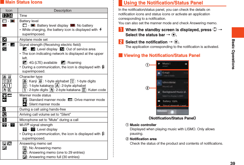 Basic Operations Main Status IconsIcon DescriptionTime -  Battery level -  : Battery level display   : No battery •While charging, the battery icon is displayed with   superimposed.Airplane mode set -  Signal strength (Receiving electric field) -  : Level display   : Out of service area •The icon indicating network is displayed at the upper left. : 4G (LTE) available　: Roaming •During a communication, the icon is displayed with   superimposed.Character type: Kanji  : 1-byte alphabet  : 1-byte digits: 1-byte katakana  : 2-byte alphabet : 2-byte digits  : 2-byte katakana  : Kuten code  Manner mode status: Standard manner mode   : Drive manner mode  : Silent manner modeDuring a call using hands-freeArriving call volume set to “Silent”Microphone set to “Mute” during a call -  Wi-Fi® signal strength -  : Level display •During a communication, the icon is displayed with   superimposed.  Answering memo set: No Answering memo  : Answering memo (one to 29 entries)  : Answering memo full (30 entries)Using the Notification/Status PanelIn the notification/status panel, you can check the details on notification icons and status icons or activate an application corresponding to a notification.You can also set the manner mode and check Answering memo.1  When the standby screen is displayed, press w  Select the status bar  k.2  Select the notification  k.The application corresponding to the notification is activated. Viewing the Notification/Status Panel《Notification/Status Panel》①②󰒄 Music controllerDisplayed when playing music with LISMO. Only allows pausing.󰒅 Notification areaCheck the status of the product and contents of notifications.39