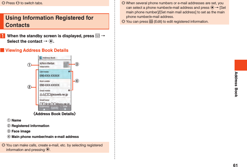 Address Book ◎Press x to switch tabs.Using Information Registered for Contacts1  When the standby screen is displayed, press u  Select the contact  k. Viewing Address Book Details①②《Address Book Details》③④󰒄 Name󰒅 Registered information󰒆 Face image󰒇 Main phone number/main e-mail address ◎You can make calls, create e-mail, etc. by selecting registered information and pressing k. ◎When several phone numbers or e-mail addresses are set, you can select a phone number/e-mail address and press k → [Set main phone number]/[Set main mail address] to set as the main phone number/e-mail address. ◎You can press o (Edit) to edit registered information.61