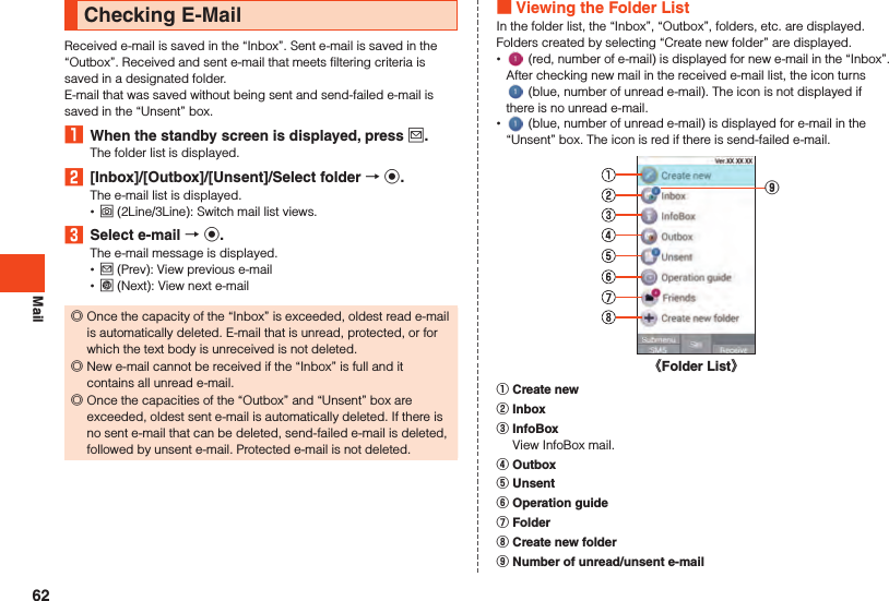 MailChecking E-MailReceived e-mail is saved in the “Inbox”. Sent e-mail is saved in the “Outbox”. Received and sent e-mail that meets filtering criteria is saved in a designated folder.E-mail that was saved without being sent and send-failed e-mail is saved in the “Unsent” box.1  When the standby screen is displayed, press j.The folder list is displayed.2  [Inbox]/[Outbox]/[Unsent]/Select folder  k.The e-mail list is displayed. •o (2Line/3Line): Switch mail list views.3  Select e-mail  k.The e-mail message is displayed. •j (Prev): View previous e-mail •l (Next): View next e-mail ◎Once the capacity of the “Inbox” is exceeded, oldest read e-mail is automatically deleted. E-mail that is unread, protected, or for which the text body is unreceived is not deleted. ◎New e-mail cannot be received if the “Inbox” is full and it contains all unread e-mail. ◎Once the capacities of the “Outbox” and “Unsent” box are exceeded, oldest sent e-mail is automatically deleted. If there is no sent e-mail that can be deleted, send-failed e-mail is deleted, followed by unsent e-mail. Protected e-mail is not deleted. Viewing the Folder ListIn the folder list, the “Inbox”, “Outbox”, folders, etc. are displayed. Folders created by selecting “Create new folder” are displayed. • (red, number of e-mail) is displayed for new e-mail in the “Inbox”. After checking new mail in the received e-mail list, the icon turns  (blue, number of unread e-mail). The icon is not displayed if there is no unread e-mail. • (blue, number of unread e-mail) is displayed for e-mail in the “Unsent” box. The icon is red if there is send-failed e-mail. 《Folder List》⑨󰒄 Create new󰒅 Inbox󰒆 InfoBox  View InfoBox mail.󰒇 Outbox󰒈 Unsent󰒉 Operation guide󰒊 Folder󰒋 Create new folder󰒌 Number of unread/unsent e-mail62