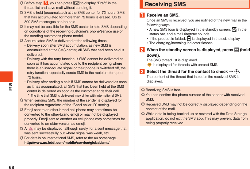 Mail ◎Before step 5, you can press , to display “Draft” in the thread list and save mail without sending it. ◎SMS is held (accumulated) at the SMS center for 72 hours. SMS that has accumulated for more than 72 hours is erased. Up to 300 SMS messages can be held. ◎It may not be possible for the SMS center to hold SMS depending on conditions of the receiving customer’s phone/service use or the sending customer’s phone model. ◎Accumulated SMS is delivered at the following times: •Delivery soon after SMS accumulation: as new SMS is accumulated at the SMS center, all SMS that had been held is delivered. •Delivery with the retry function: if SMS cannot be delivered as soon as it has accumulated due to the recipient being where there is an inadequate signal or their phone is switched off, the retry function repeatedly sends SMS to the recipient for up to 72 hours. •Delivery after ending a call: if SMS cannot be delivered as soon as it has accumulated, all SMS that had been held at the SMS center is delivered as soon as the customer ends their call.*  The time that SMS is delivered may differ with international SMS. ◎When sending SMS, the number of the sender is displayed for the recipient regardless of the “Send caller ID” setting. ◎Emoji sent to an other-brand cell phone may sometimes be converted to the other-brand emoji or may not be displayed properly. Emoji sent to another au cell phone may sometimes be converted to an older-version au emoji. ◎A   may be displayed, although rarely, for a sent message that was sent successfully but where signal was weak, etc. ◎For details on international SMS, refer to the au homepage. （http://www.au.kddi.com/mobile/service/global/sms/）Receiving SMS1  Receive an SMS.Once an SMS is received, you are notified of the new mail in the following ways. •A new SMS icon is displayed in the standby screen,   in the status bar, and a mail ringtone sounds. •If the product is folded,   is displayed in the sub-display. •The charging/incoming indicator flashes.2  When the standby screen is displayed, press j (hold down).The SMS thread list is displayed. is displayed for threads with unread SMS.3  Select the thread for the contact to check  k.The content of the thread that includes the received SMS is displayed. ◎Receiving SMS is free. ◎You can confirm the phone number of the sender with received SMS. ◎Received SMS may not be correctly displayed depending on the content of the mail. ◎While data is being backed up or restored with the Data Storage application, do not exit the SMS app. This may prevent data from being properly received.68