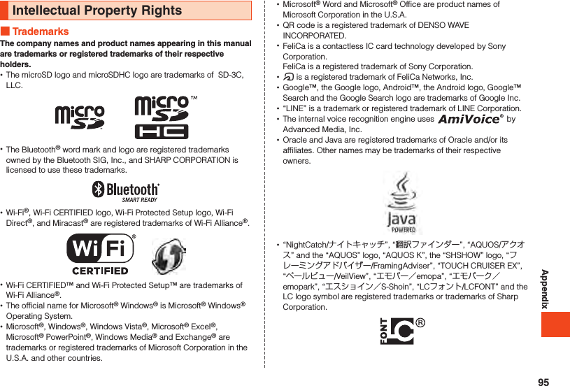 AppendixIntellectual Property Rights TrademarksThe company names and product names appearing in this manual are trademarks or registered trademarks of their respective holders. •The microSD logo and microSDHC logo are trademarks of  SD-3C, LLC. •The Bluetooth® word mark and logo are registered trademarks owned by the Bluetooth SIG, Inc., and SHARP CORPORATION is licensed to use these trademarks. •Wi-Fi®, Wi-Fi CERTIFIED logo, Wi-Fi Protected Setup logo, Wi-Fi Direct®, and Miracast® are registered trademarks of Wi-Fi Alliance®.　　 •Wi-Fi CERTIFIED™ and Wi-Fi Protected Setup™ are trademarks of Wi-Fi Alliance®. •The official name for Microsoft® Windows® is Microsoft® Windows® Operating System. •Microsoft®, Windows®, Windows Vista®, Microsoft® Excel®, Microsoft® PowerPoint®, Windows Media® and Exchange® are trademarks or registered trademarks of Microsoft Corporation in the U.S.A. and other countries. •Microsoft® Word and Microsoft® Office are product names of Microsoft Corporation in the U.S.A. •QR code is a registered trademark of DENSO WAVE INCORPORATED. •FeliCa is a contactless IC card technology developed by Sony Corporation. FeliCa is a registered trademark of Sony Corporation. •@ is a registered trademark of FeliCa Networks, Inc. •Google™, the Google logo, Android™, the Android logo, Google™ Search and the Google Search logo are trademarks of Google Inc. •“LINE” is a trademark or registered trademark of LINE Corporation. •The internal voice recognition engine uses   by Advanced Media, Inc. •Oracle and Java are registered trademarks of Oracle and/or its affiliates. Other names may be trademarks of their respective owners. •“NightCatch/ナイトキャッチ”, “翻訳ファインダー”, “AQUOS/アクオス” and the “AQUOS” logo, “AQUOS K”, the “SHSHOW” logo, “フレーミングアドバイザー/FramingAdviser”, “TOUCH CRUISER EX”, “ベールビュー/VeilView”, “エモパー／emopa”, “エモパーク／emopark”, “エスショイン／S-Shoin”, “LCフォント/LCFONT” and the LC logo symbol are registered trademarks or trademarks of Sharp Corporation.95