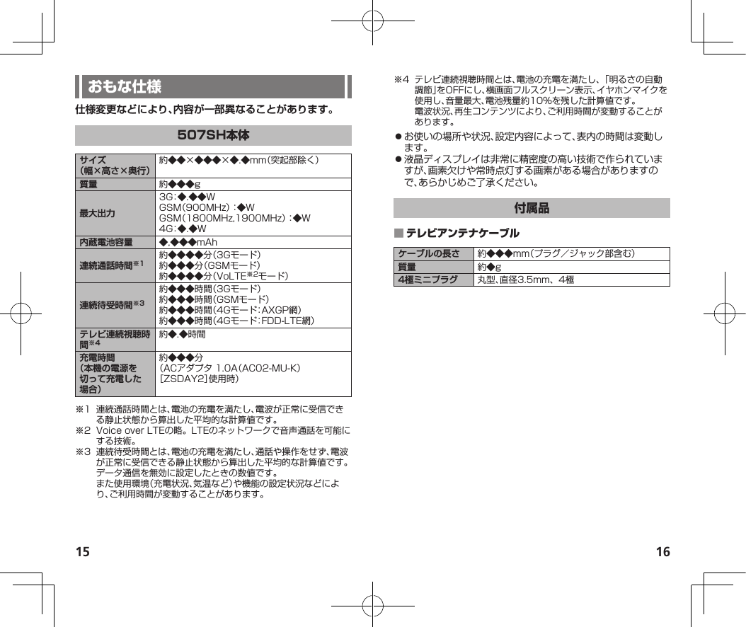 15 16仕様変更などにより、内容が一部異なることがあります。サイズ（幅×高さ×奥行）質量 最大出力内蔵電池容量 連続通話時間※1連続待受時間※3テレビ連続視聴時間※4充電時間（本機の電源を切って充電した 場合）     󱛠󱛠 ケーブルの長さ 質量 4極ミニプラグ 