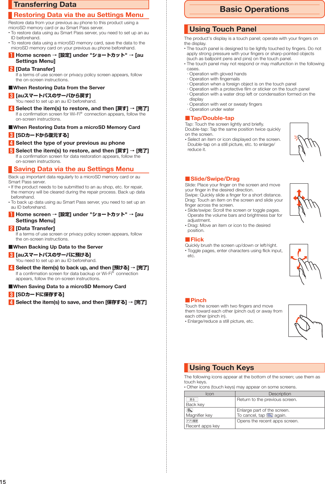 15Transferring DataRestoring Data via the au Settings MenuRestore data from your previous au phone to this product using a microSD memory card or au Smart Pass server. •To restore data using au Smart Pass server, you need to set up an au ID beforehand. •To restore data using a microSD memory card, save the data to the microSD memory card on your previous au phone beforehand.1Home screen → [設定] under &quot;ショートカット&quot; → [au Settings Menu]2[Data Transfer]If a terms of use screen or privacy policy screen appears, follow the on-screen instructions. ■When Restoring Data from the Server3[auスマートパスのサーバから戻す]You need to set up an au ID beforehand.4Select the item(s) to restore, and then [戻す] → [完了]If a confirmation screen for Wi-Fi®  connection appears, follow the on-screen instructions. ■When Restoring Data from a microSD Memory Card3[SDカードから復元する]4Select the type of your previous au phone5Select the item(s) to restore, and then [戻す] → [完了]If a confirmation screen for data restoration appears, follow the on-screen instructions.Saving Data via the au Settings MenuBack up important data regularly to a microSD memory card or au Smart Pass server. •If the product needs to be submitted to an au shop, etc. for repair, the memory will be cleared during the repair process. Back up data beforehand. •To back up data using au Smart Pass server, you need to set up an au ID beforehand.1Home screen → [設定] under &quot;ショートカット&quot; → [au Settings Menu]2[Data Transfer]If a terms of use screen or privacy policy screen appears, follow the on-screen instructions. ■When Backing Up Data to the Server3[auスマートパスのサーバに預ける]You need to set up an au ID beforehand.4Select the item(s) to back up, and then [預ける] → [完了]If a confirmation screen for data backup or Wi-Fi®  connection appears, follow the on-screen instructions. ■When Saving Data to a microSD Memory Card3[SDカードに保存する]4Select the item(s) to save, and then [保存する] → [完了]Basic OperationsUsing Touch PanelThe product&apos;s display is a touch panel; operate with your fingers on the display. •The touch panel is designed to be lightly touched by fingers. Do not apply strong pressure with your fingers or sharp-pointed objects (such as ballpoint pens and pins) on the touch panel. •The touch panel may not respond or may malfunction in the following cases. ･Operation with gloved hands ･Operation with fingernails ･Operation when a foreign object is on the touch panel ･Operation with a protective film or sticker on the touch panel ･Operation with a water drop left or condensation formed on the display ･Operation with wet or sweaty fingers ･Operation under water ■Tap/Double-tapTap: Touch the screen lightly and briefly.Double-tap: Tap the same position twice quickly on the screen. •Select an item or icon displayed on the screen. Double-tap on a still picture, etc. to enlarge/reduce it. ■Slide/Swipe/DragSlide: Place your finger on the screen and move your finger in the desired direction.Swipe: Quickly slide a finger for a short distance.Drag: Touch an item on the screen and slide your finger across the screen. •Slide/swipe: Scroll the screen or toggle pages. Operate the volume bars and brightness bar for adjustment. •Drag: Move an item or icon to the desired position.  ■FlickQuickly brush the screen up/down or left/right. •Toggle pages, enter characters using flick input, etc. ■PinchTouch the screen with two fingers and move them toward each other (pinch out) or away from each other (pinch in). •Enlarge/reduce a still picture, etc.Using Touch KeysThe following icons appear at the bottom of the screen; use them as touch keys. •Other icons (touch keys) may appear on some screens.Icon DescriptionBack keyReturn to the previous screen.Magnifier keyEnlarge part of the screen.To cancel, tap   again.Recent apps keyOpens the recent apps screen.