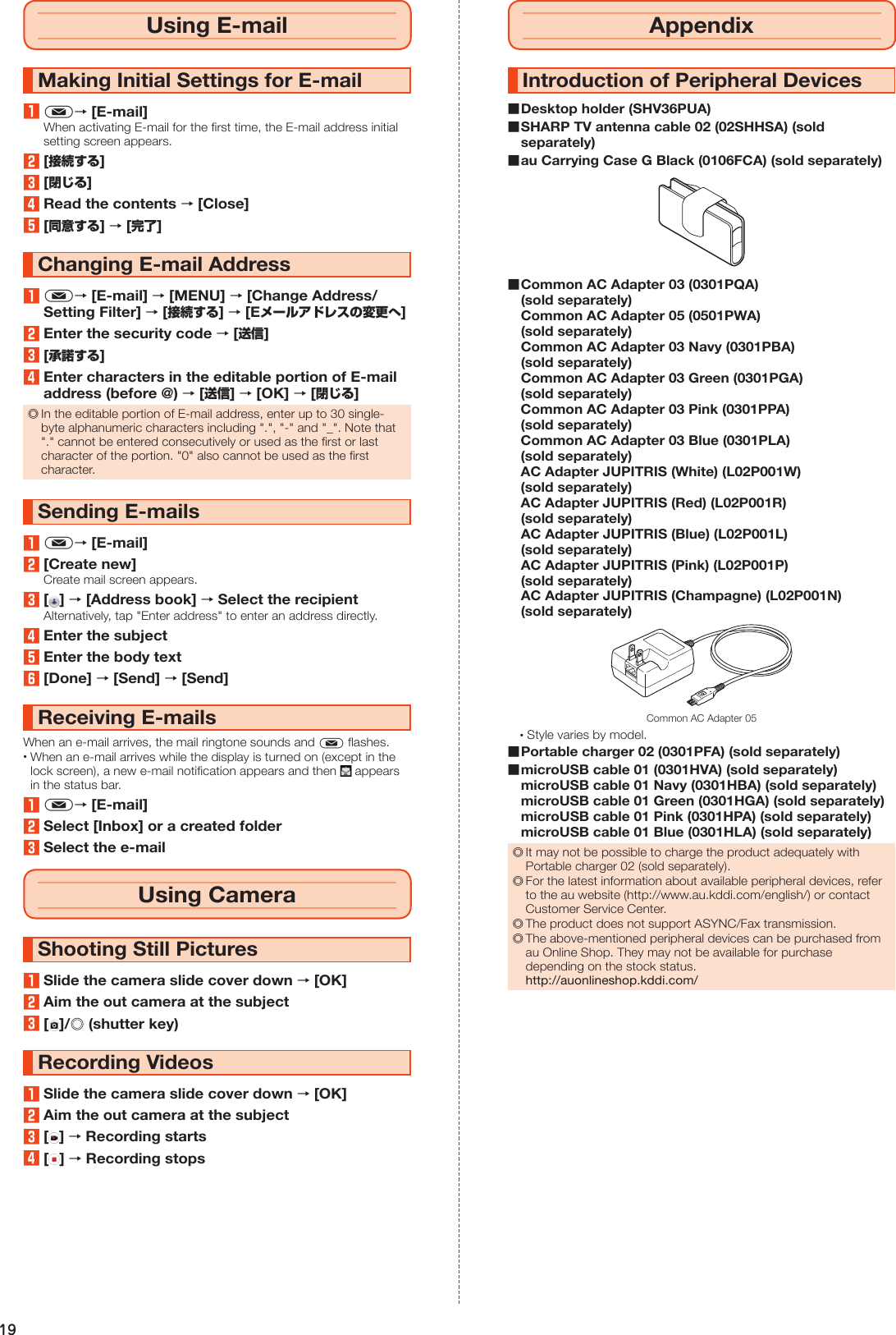 19Using E-mailMaking Initial Settings for E-mail1m→ [E-mail]When activating E-mail for the first time, the E-mail address initial setting screen appears.2[接続する]3[閉じる]4Read the contents → [Close]5[同意する] → [完了]Changing E-mail Address1m→ [E-mail] → [MENU] → [Change Address/Setting Filter] → [接続する] → [Eメールアドレスの変更へ]2Enter the security code → [送信]3[承諾する]4Enter characters in the editable portion of E-mail address (before @) → [送信] → [OK] → [閉じる] ◎In the editable portion of E-mail address, enter up to 30 single-byte alphanumeric characters including &quot;.&quot;, &quot;-&quot; and &quot;_&quot;. Note that &quot;.&quot; cannot be entered consecutively or used as the first or last character of the portion. &quot;0&quot; also cannot be used as the first character.Sending E-mails1m→ [E-mail]2[Create new]Create mail screen appears.3[ ] → [Address book] → Select the recipientAlternatively, tap &quot;Enter address&quot; to enter an address directly.4Enter the subject5Enter the body text6[Done] → [Send] → [Send]Receiving E-mailsWhen an e-mail arrives, the mail ringtone sounds and m flashes. •When an e-mail arrives while the display is turned on (except in the lock screen), a new e-mail notification appears and then   appears in the status bar. 1m→ [E-mail]2Select [Inbox] or a created folder3Select the e-mailUsing CameraShooting Still Pictures1Slide the camera slide cover down → [OK]2Aim the out camera at the subject3[ ]/s (shutter key)Recording Videos1Slide the camera slide cover down → [OK]2Aim the out camera at the subject3[ ] → Recording starts4[ ] → Recording stopsAppendixIntroduction of Peripheral Devices ■Desktop holder (SHV36PUA) ■SHARP TV antenna cable 02 (02SHHSA) (sold separately) ■au Carrying Case G Black (0106FCA) (sold separately) ■Common AC Adapter 03 (0301PQA)     (sold separately) Common AC Adapter 05 (0501PWA)     (sold separately) Common AC Adapter 03 Navy (0301PBA)    (sold separately) Common AC Adapter 03 Green (0301PGA)     (sold separately) Common AC Adapter 03 Pink (0301PPA)     (sold separately) Common AC Adapter 03 Blue (0301PLA)    (sold separately) AC Adapter JUPITRIS (White) (L02P001W)    (sold separately) AC Adapter JUPITRIS (Red) (L02P001R)    (sold separately) AC Adapter JUPITRIS (Blue) (L02P001L)    (sold separately) AC Adapter JUPITRIS (Pink) (L02P001P)    (sold separately) AC Adapter JUPITRIS (Champagne) (L02P001N)  (sold separately)Common AC Adapter 05 •Style varies by model. ■Portable charger 02 (0301PFA) (sold separately) ■microUSB cable 01 (0301HVA) (sold separately) microUSB cable 01 Navy (0301HBA) (sold separately) microUSB cable 01 Green (0301HGA) (sold separately) microUSB cable 01 Pink (0301HPA) (sold separately) microUSB cable 01 Blue (0301HLA) (sold separately) ◎It may not be possible to charge the product adequately with Portable charger 02 (sold separately). ◎For the latest information about available peripheral devices, refer to the au website (http://www.au.kddi.com/english/) or contact Customer Service Center. ◎The product does not support ASYNC/Fax transmission. ◎The above-mentioned peripheral devices can be purchased from au Online Shop. They may not be available for purchase depending on the stock status. http://auonlineshop.kddi.com/