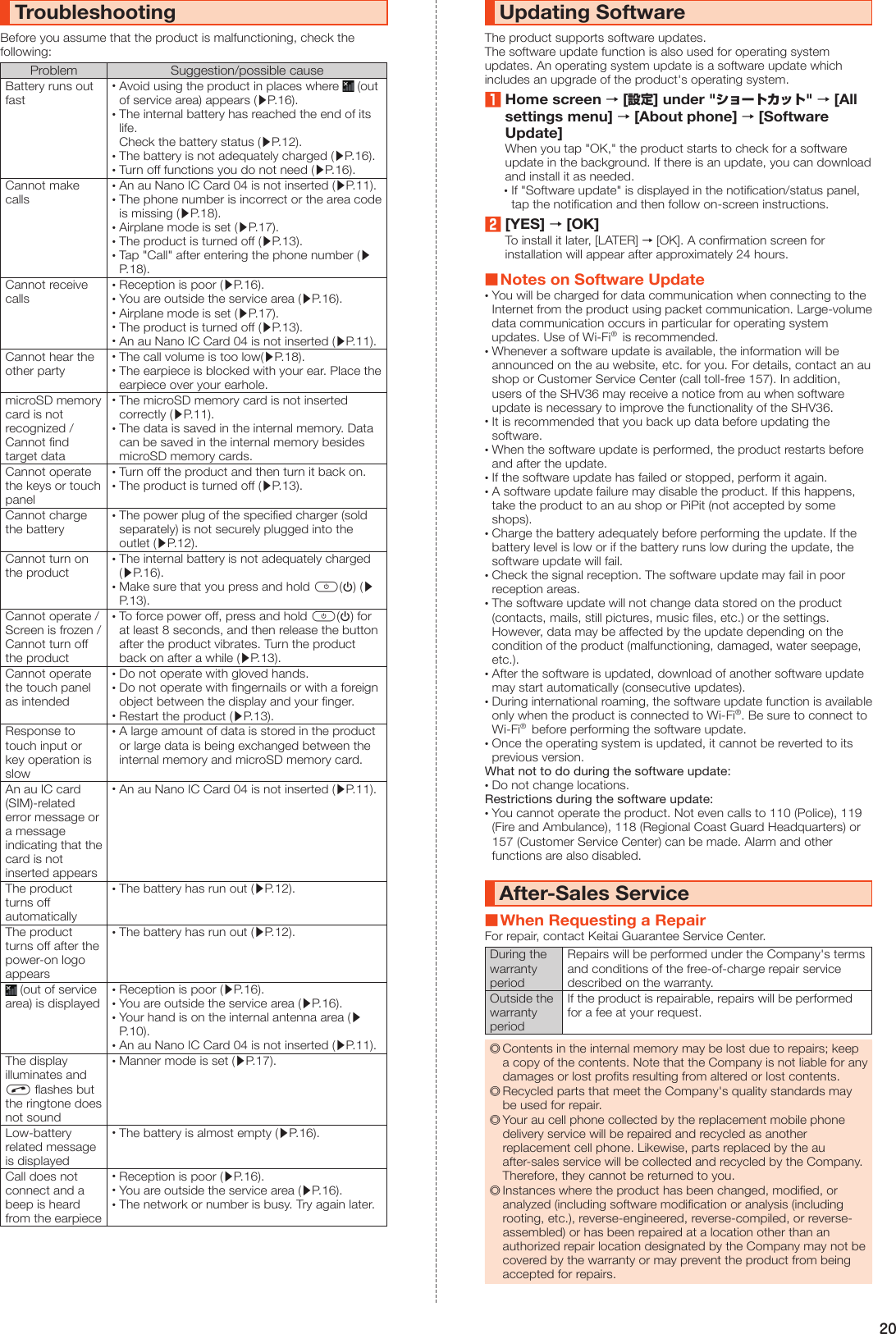 20TroubleshootingBefore you assume that the product is malfunctioning, check the following:Problem Suggestion/possible causeBattery runs out fast •Avoid using the product in places where   (out of service area) appears (▶P. 16). •The internal battery has reached the end of its life. Check the battery status (▶P. 12). •The battery is not adequately charged (▶P. 16). •Turn off functions you do not need (▶P. 16).Cannot make calls •An au Nano IC Card 04 is not inserted (▶P. 11). •The phone number is incorrect or the area code is missing (▶P. 18). •Airplane mode is set (▶P. 17). •The product is turned off (▶P. 13). •Tap &quot;Call&quot; after entering the phone number (▶P. 18).Cannot receive calls •Reception is poor (▶P. 16). •You are outside the service area (▶P. 16). •Airplane mode is set (▶P. 17). •The product is turned off (▶P. 13). •An au Nano IC Card 04 is not inserted (▶P. 11).Cannot hear the other party •The call volume is too low(▶P. 18). •The earpiece is blocked with your ear. Place the earpiece over your earhole.microSD memory card is not recognized / Cannot find target data •The microSD memory card is not inserted correctly (▶P. 11). •The data is saved in the internal memory. Data can be saved in the internal memory besides microSD memory cards.Cannot operate the keys or touch panel •Turn off the product and then turn it back on. •The product is turned off (▶P. 13).Cannot charge the battery •The power plug of the specified charger (sold separately) is not securely plugged into the outlet (▶P. 12).Cannot turn on the product •The internal battery is not adequately charged (▶P. 16). •Make sure that you press and hold f(p) (▶P. 13).Cannot operate / Screen is frozen / Cannot turn off the product •To force power off, press and hold f(p) for at least 8 seconds, and then release the button after the product vibrates. Turn the product back on after a while (▶P. 13).Cannot operate the touch panel as intended •Do not operate with gloved hands. •Do not operate with fingernails or with a foreign object between the display and your finger. •Restart the product (▶P. 13).Response to touch input or key operation is slow •A large amount of data is stored in the product or large data is being exchanged between the internal memory and microSD memory card.An au IC card (SIM)-related error message or a message indicating that the card is not inserted appears •An au Nano IC Card 04 is not inserted (▶P. 11).The product turns off automatically •The battery has run out (▶P. 12).The product turns off after the power-on logo appears •The battery has run out (▶P. 12). (out of service area) is displayed •Reception is poor (▶P. 16). •You are outside the service area (▶P. 16). •Your hand is on the internal antenna area (▶P. 10). •An au Nano IC Card 04 is not inserted (▶P. 11).The display illuminates and c flashes but the ringtone does not sound •Manner mode is set (▶P. 17).Low-battery related message is displayed •The battery is almost empty (▶P. 16).Call does not connect and a beep is heard from the earpiece •Reception is poor (▶P. 16). •You are outside the service area (▶P. 16). •The network or number is busy. Try again later.Updating SoftwareThe product supports software updates.The software update function is also used for operating system updates. An operating system update is a software update which includes an upgrade of the product&apos;s operating system.1 Home screen → [設定] under &quot;ショートカット&quot; → [All settings menu] → [About phone] → [Software Update]When you tap &quot;OK,&quot; the product starts to check for a software update in the background. If there is an update, you can download and install it as needed. •If &quot;Software update&quot; is displayed in the notification/status panel, tap the notification and then follow on-screen instructions.2 [YES] → [OK]To install it later, [LATER] → [OK]. A confirmation screen for installation will appear after approximately 24 hours. ■Notes on Software Update •You will be charged for data communication when connecting to the Internet from the product using packet communication. Large-volume data communication occurs in particular for operating system updates. Use of Wi-Fi®  is recommended. •Whenever a software update is available, the information will be announced on the au website, etc. for you. For details, contact an au shop or Customer Service Center (call toll-free 157). In addition, users of the SHV36 may receive a notice from au when software update is necessary to improve the functionality of the SHV36. •It is recommended that you back up data before updating the software. •When the software update is performed, the product restarts before and after the update. •If the software update has failed or stopped, perform it again. •A software update failure may disable the product. If this happens, take the product to an au shop or PiPit (not accepted by some shops). •Charge the battery adequately before performing the update. If the battery level is low or if the battery runs low during the update, the software update will fail. •Check the signal reception. The software update may fail in poor reception areas. •The software update will not change data stored on the product (contacts, mails, still pictures, music files, etc.) or the settings. However, data may be affected by the update depending on the condition of the product (malfunctioning, damaged, water seepage, etc.). •After the software is updated, download of another software update may start automatically (consecutive updates). •During international roaming, the software update function is available only when the product is connected to Wi-Fi®. Be sure to connect to Wi-Fi®  before performing the software update. •Once the operating system is updated, it cannot be reverted to its previous version.What not to do during the software update: •Do not change locations.Restrictions during the software update: •You cannot operate the product. Not even calls to 110 (Police), 119 (Fire and Ambulance), 118 (Regional Coast Guard Headquarters) or 157 (Customer Service Center) can be made. Alarm and other functions are also disabled.After-Sales Service ■When Requesting a RepairFor repair, contact Keitai Guarantee Service Center.During the warranty periodRepairs will be performed under the Company&apos;s terms and conditions of the free-of-charge repair service described on the warranty.Outside the warranty periodIf the product is repairable, repairs will be performed for a fee at your request. ◎Contents in the internal memory may be lost due to repairs; keep a copy of the contents. Note that the Company is not liable for any damages or lost profits resulting from altered or lost contents. ◎Recycled parts that meet the Company&apos;s quality standards may be used for repair. ◎Your au cell phone collected by the replacement mobile phone delivery service will be repaired and recycled as another replacement cell phone. Likewise, parts replaced by the au after-sales service will be collected and recycled by the Company. Therefore, they cannot be returned to you. ◎Instances where the product has been changed, modified, or analyzed (including software modification or analysis (including rooting, etc.), reverse-engineered, reverse-compiled, or reverse-assembled) or has been repaired at a location other than an authorized repair location designated by the Company may not be covered by the warranty or may prevent the product from being accepted for repairs.