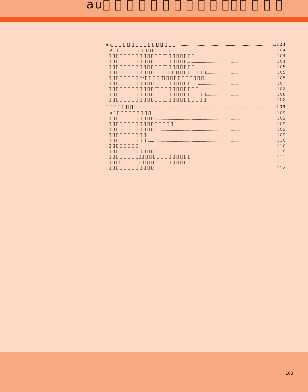 103auのネットワークサービス・海外利用auのネットワークサービスを利用する ............................................................................................104auのネットワークサービスについて ........................................................................................................104着信お知らせサービスを利用する（標準サービス） ..................................................................................104着信転送サービスを利用する（標準サービス） .........................................................................................104発信番号表示サービスを利用する（標準サービス） ..................................................................................105番号通知リクエストサービスを利用する（標準サービス） ......................................................................105お留守番サービスEXを利用する（オプションサービス） ........................................................................105三者通話サービスを利用する（オプションサービス） ..............................................................................107割込通話サービスを利用する（オプションサービス） ..............................................................................108迷惑電話撃退サービスを利用する（オプションサービス） ......................................................................108通話明細分計サービスを利用する（オプションサービス） ......................................................................108海外で利用する....................................................................................................................................109au世界サービスについて ........................................................................................................................... 109海外でご利用になるときは ........................................................................................................................109海外で安心してご利用いただくために ..................................................................................................... 109海外利用に関する設定を行う ....................................................................................................................109渡航先で電話をかける ................................................................................................................................109渡航先で電話を受ける ................................................................................................................................110お問い合わせ方法 ........................................................................................................................................ 110サービスエリアと海外での通話料 .............................................................................................................110パケットサービス・メッセージサービスの通信料 ....................................................................................111主な国・地域の国際アクセス番号＆国番号一覧 .......................................................................................111海外でのご利用上のご注意 ........................................................................................................................112