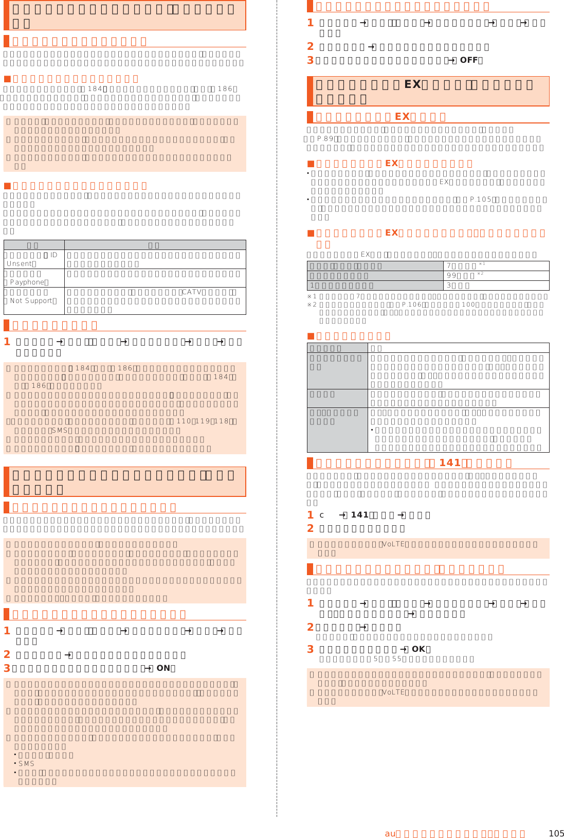 105auのネットワークサービス・海 外 利 用発信番号表示サービスを利用する（標準サービス）発信番号表示サービスについて電話をかけた相手の方の電話機にお客様の電話番号を通知したり、着信時に相手の方の電話番号がお客様の端末のディスプレイに表示したりするサービスです。 ■お客様の電話番号の通知について相手の方の電話番号の前に「184」（電話番号を通知しない場合）または「186」（電話番号を通知する場合）を付けて電話をかけることによって、通話ごとにお客様の電話番号を相手の方に通知するかどうかを指定できます。 ◎ 発信者番号（お客様の電話番号）はお客様の大切な情報です。お取り扱いについては十分にお気を付けください。 ◎ 電話番号を通知しても、相手の方の電話機やネットワークによっては、お客様の電話番号が表示されないことがあります。 ◎ 海外から発信した場合、相手の方に電話番号が表示されない場合があります。 ■相手の方の電話番号の表示について電話がかかってきたときに、相手の方の電話番号が本製品のディスプレイに表示されます。相手の方が電話番号を通知しない設定で電話をかけてきたときや、電話番号が通知できない電話からかけてきた場合は、その理由がディスプレイに表示されます。表示 説明「非通知設定」（ID Unsent） 相手の方が発信者番号を通知しない設定で電話をかけている場合に表示されます。「公衆電話」（Payphone） 相手の方が公衆電話からかけている場合に表示されます。「通知不可能」（Not Support） 相手の方が国際電話、一部地域系電話、CATV電話など、発信者番号を通知できない電話から電話をかけている場合に表示されます。電話番号を通知する󱈠 ホーム画面→「設定」の［設定］→［すべてを見る］→［通話］→［発信者番号通知］ ◎ 電話をかけるとき、「184」または「186」を相手の方の電話番号に追加して入力した場合は、「発信者番号通知」の設定にかかわらず、入力した「184」または「186」が優先されます。 ◎ 発信番号表示サービスの契約内容が非通知の場合は、「発信者番号通知」を有効にしていても相手の方に電話番号が通知されません。電話番号を通知したい場合は、お客さまセンターまでお問い合わせください。 ◎「発信者番号通知」を無効に設定しても、緊急通報番号（110、119、118）への発信時や、SMS送信時は発信者番号が通知されます。 ◎ 国際ローミング中は、電話番号が通知されない場合があります。 ◎ 国際ローミング中は、「発信者番号通知」の機能は無効になります。番号通知リクエストサービスを利用する（標準サービス）番号通知リクエストサービスについて電話をかけてきた相手の方が電話番号を通知していない場合、相手の方に電話番号の通知をしてかけ直して欲しいことをガイダンスでお伝えするサービスです。 ◎ 初めてご利用になる場合は、停止状態になっています。 ◎ お留守番サービス、着信転送サービス、割込通話サービス、三者通話サービスのそれぞれと、番号通知リクエストサービスを同時に開始すると、番号通知リクエストサービスが優先されます。 ◎ 番号通知リクエストサービスと迷惑電話撃退サービスを同時に開始すると、迷惑電話撃退サービスが優先されます。 ◎ サービスの開始・停止には、通話料はかかりません。番号通知リクエストサービスを開始する󱈠 ホーム画面→「設定」の［設定］→［すべてを見る］→［通話］→［着信拒否］󱈢 ロックを解除→［番号通知リクエストサービス］󱈤 ［番号通知リクエストサービス設定］→［ON］ ◎ 電話をかけてきた相手の方が意図的に電話番号を通知してこない場合は、相手の方に「お客様の電話番号を通知しておかけ直しください。」とガイダンスが流れ、相手の方に通話料がかかります。 ◎ 番号通知リクエストサービスを開始したまま海外（国際ローミングエリア）へ行かれた場合にも、電話番号を通知してこない相手からの着信には、番号通知リクエストサービスのガイダンスが流れます。 ◎ 次の条件からの着信時は、番号通知リクエストサービスは動作せず、通常の接続となります。 公衆電話、国際電話 SMS その他、相手の方の電話網の事情により電話番号を通知できない電話からの発信の場合番号通知リクエストサービスを停止する󱈠 ホーム画面→「設定」の［設定］→［すべてを見る］→［通話］→［着信拒否］󱈢 ロックを解除→［番号通知リクエストサービス］󱈤 ［番号通知リクエストサービス設定］→［OFF］お留守番サービスEXを利用する（オプションサービス）お留守番サービスEXについて電源を切っているときや、電波の届かない場所にいるとき、機内モード（▶P. 89）を有効にしているとき、一定の時間が経過しても電話に出られなかったときなどに、留守応答して相手の方からの伝言をお預かりするサービスです。 ■お留守番サービスEXをご利用になる前に 本製品ご購入時や、機種変更や電話番号変更のお手続き後、修理時の代用機貸し出しと修理後返却の際にお留守番サービスEXに加入中の場合、お留守番サービスは開始されています。 お留守番サービスと番号通知リクエストサービス（▶P. 105）を同時に開始すると、非通知からの着信を受けた場合に番号通知リクエストサービスが優先されます。 ■お留守番サービスEXでお預かりする伝言・ボイスメールについてお留守番サービスEXでは、次の通りに伝言・ボイスメールをお預かりします。お預かり（保存）する時間 7日間まで※1お預かりできる件数 99件まで※21件あたりの録音時間 3分まで※1 お預かりから7日間以上経過している伝言・ボイスメールは、自動的に消去されます。※2 件数は伝言とボイスメール（▶P. 106）の合計です。100件目以降の場合は、電話をかけてきた相手の方に、伝言・ボイスメールをお預かりできないことをガイダンスでお知らせします。 ■ご利用料金について月額使用料 有料特番へのダイヤル操作 入力する特番にかかわりなく、蓄積された伝言・ボイスメールを聞いた場合は通話料がかかります。伝言・ボイスメールがないときなど、伝言・ボイスメールを聞かなかった場合は通話料がかかりません。遠隔操作 遠隔操作を行った場合、すべての操作について遠隔操作を行った電話に対して通話料がかかります。伝言・ボイスメールの録音 伝言・ボイスメールを残す場合、伝言・ボイスメールを残した方の電話に通話料がかかります。 お留守番サービスに転送する旨のガイダンス中に電話を切った場合には通話料は発生しません。転送され応答メッセージが流れ始めた時点から通話料が発生します。お留守番サービス総合案内（141）を利用する総合案内からは、ガイダンスに従って操作することで、伝言・ボイスメールの再生、応答メッセージの録音／確認／変更、英語ガイダンスの設定／日本語ガイダンスの設定、不在通知（蓄積停止）の設定／解除、着信お知らせの開始／停止ができます。󱈠 c→「141」を入力→［発信］󱈢 ガイダンスに従って操作 ◎ 国際ローミング中は、VoLTEローミング対応エリアでのみご利用いただけます。応答できない電話を転送する（無応答転送）かかってきた電話に出ることができないときに電話を留守番電話サービスに転送します。󱈠 ホーム画面→「設定」の［設定］→［すべてを見る］→［通話］→［着信転送・お留守番サービス］→［無応答転送］󱈢 ［転送設定］→［留守番］「転送停止」をタップすると転送サービスを停止できます。󱈤 転送までの時間を設定→［OK］転送までの時間は5秒∼55秒の間で設定できます。 ◎ 無応答転送を設定しているときに電話がかかってくると、着信音が鳴っている間は、電話に出ることができます。 ◎ 国際ローミング中は、VoLTEローミング対応エリアでのみご利用いただけます。