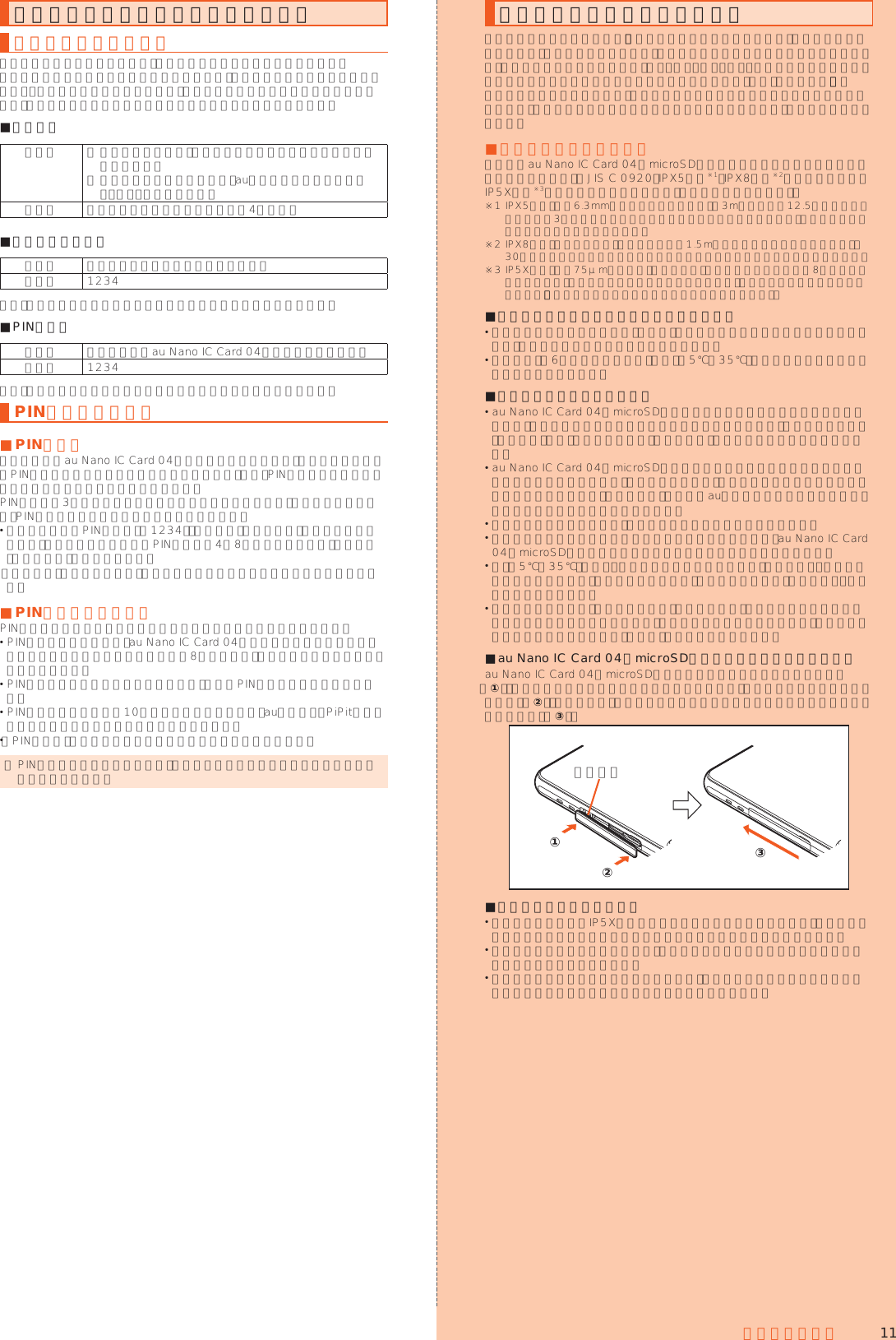 11安全上のご注意ご利用いただく各種暗証番号について各種暗証番号について本製品をご使用いただく場合に、各種の暗証番号をご利用いただきます。ご利用いただく暗証番号は次の通りとなります。設定された各種の暗証番号は各種操作・ご契約に必要となりますので、お忘れにならないようご注意ください。なお、初期値は必ずお客様の独自の番号に変更のうえお使いください。 ■暗証番号使用例 ① お留守番サービス、着信転送サービスを一般電話から遠隔操作する場合② お客さまセンター音声応答、auホームページでの各種照会・申込・変更をする場合初期値 申込書にお客様が記入した任意の4桁の番号 ■セキュリティキー使用例 着信拒否などの設定／解除をする場合初期値 1234なお、初期値は必ずお客様の独自の番号に変更のうえお使いください。 ■PINコード使用例 第三者によるau Nano IC Card 04の無断使用を防ぐ場合初期値 1234なお、初期値は必ずお客様の独自の番号に変更のうえお使いください。PINコードについて ■PINコード第三者によるau Nano IC Card 04の無断使用を防ぐために、電源を入れるたびにPINコードの入力を必要にすることができます。また、PINコードの入力要否を設定する場合にも入力が必要となります。PINコードは3回連続で間違えるとコードがロックされます。ロックされた場合は、PINロック解除コードを利用して解除できます。 お買い上げ時のPINコードは「1234」、入力要否は「入力不要」に設定されていますが、お客様の必要に応じてPINコードは4∼8桁のお好きな番号、入力要否は「入力必要」に変更できます。 「入力必要」で使用する場合、必ずお客様独自の番号に変更のうえご使用ください。 ■PINロック解除コードPINコードがロックされた場合に入力することでロックを解除できます。 PINロック解除コードは、au Nano IC Card 04が取り付けられていたプラスティックカード裏面に印字されている8桁の番号で、お買い上げ時にはすでに決められています。 PINロック解除コードを入力した場合は、新しくPINコードを設定してください。 PINロック解除コードを10回連続で間違えた場合は、auショップ・PiPitもしくはお客さまセンターまでお問い合わせください。 「PINコード」はデータの初期化を行ってもリセットされません。 ◎ PINコードがロックされた場合、セキュリティ確保のため本製品が再起動することがあります。防水／防塵性能に関するご注意正しくお使いいただくために、「防水／防塵性能に関するご注意」の内容をよくお読みのうえ、正しくご使用ください。記載されている内容を守らずにご使用になると、液体や粉塵が入る原因となり、発熱・発 火・感 電・傷 害・故 障 の 原 因 と な り ま す 。すべての状況での動作を保証するものではありません。また、調査の結果、「防水／防塵性能に関するご注意」に記載されている内容を守らずにご使用になった場合など、お客様の取り扱いの不備による故障と判明した場合、保証の対象外となります。 ■本製品の防水／防塵性能本製品はau Nano IC Card 04／microSDメモリカードカバーをしっかりと閉じた状態で保護等級（JIS C 0920）IPX5相当※1、IPX8相当※2の防水性能およびIP5X相当※3の防塵性能を有しております（当社試験方法による）。※1 IPX5とは、内径6.3mmの注水ノズルを使用し、約3mの距離から12.5リットル／分の水を最低3分間注水する条件であらゆる方向から噴流を当てても、電話機としての機能を有することを意味します。※2 IPX8とは、常温で水道水、かつ静水の水深1.5mのところに本製品を静かに沈め、約30分間放置後に取り出したときに電話機としての機能を有することを意味します。※3 IP5Xとは、直径75μm以下の塵埃（じんあい）が入った装置に電話機を8時間入れてかくはんさせ、取り出したときに電話機の機能を有し、かつ安全を維持することを意味します。（塵埃の侵入を完全に防止するわけではありません。） ■本製品が有する防水／防塵性能でできること プールサイドで使用できます。ただし、プールの水などの水道水以外の水をかけたり、プールの水に浸けたりしないでください。 弱めの水流（6リットル／分以下）で常温（5℃∼35℃）の水道水を使って本製品を洗うことができます。 ■本製品のお取り扱いについて au Nano IC Card 04／microSDメモリカードカバーをしっかりと閉じてください。完全に閉まっていることで防水性能が発揮されます。接触面に微細なゴミ（髪の毛、砂粒、微細な繊維など）が挟まると、液体や粉塵が入る原因となります。 au Nano IC Card 04／microSDメモリカードカバーが開いている状態で水などの液体がかかった場合、内部に液体が入り、感電や故障の原因となります。そのまま使用しないで、電源を切り、お近くのauショップもしくは安心ケータイサポートセンターまでご連絡ください。 本製品が濡れているときは、乾いた清潔な布で拭き取ってください。 手や本製品が濡れているときや異物がついているときには、au Nano IC Card 04／microSDメモリカードカバーの開閉は絶対にしないでください。 常温（5℃∼35℃）の真水・水道水にのみ対応しています。常温の真水・水道水以外の液体をかけたり、浸けたりした場合は、そのまま使用せず、常 温 の 真 水・水 道水で洗ってください。 イヤホンマイク端子、外部接続端子は、濡れていたり、砂やほこりが付着した状態でご使用にならないでください。防水／防塵性能が損なわれたり、感電や回路のショートなどによる火災、やけど、故障の原因となります。 ■au Nano IC Card 04／microSDメモリカードカバーの閉じかたau Nano IC Card 04／microSDメモリカードカバーのヒンジ部を収納し（①）、本体とカバーにすき間が生じないように合わせ、矢印の方向に押して閉じてください（②）。閉じる際は、カバーをヒンジ部の方向へなぞるようにしっかりと押してください（③）。ヒンジ部①③② ■本製品の防塵性能について 本製品の防塵性能はIP5X相当の保護度合いを保証するものであり、砂浜などの砂の上に直接置くなどの利用方法に対して保証するものではありません。 塵埃が本製品に付着したときには、直ちに水で洗い流すなどして完全に塵埃を除去してからご使用ください。 塵埃が本製品に付着した状態で使用すると、カメラスライドカバーのスライド部が正常に動作しないなど故障をきたす場合があります。