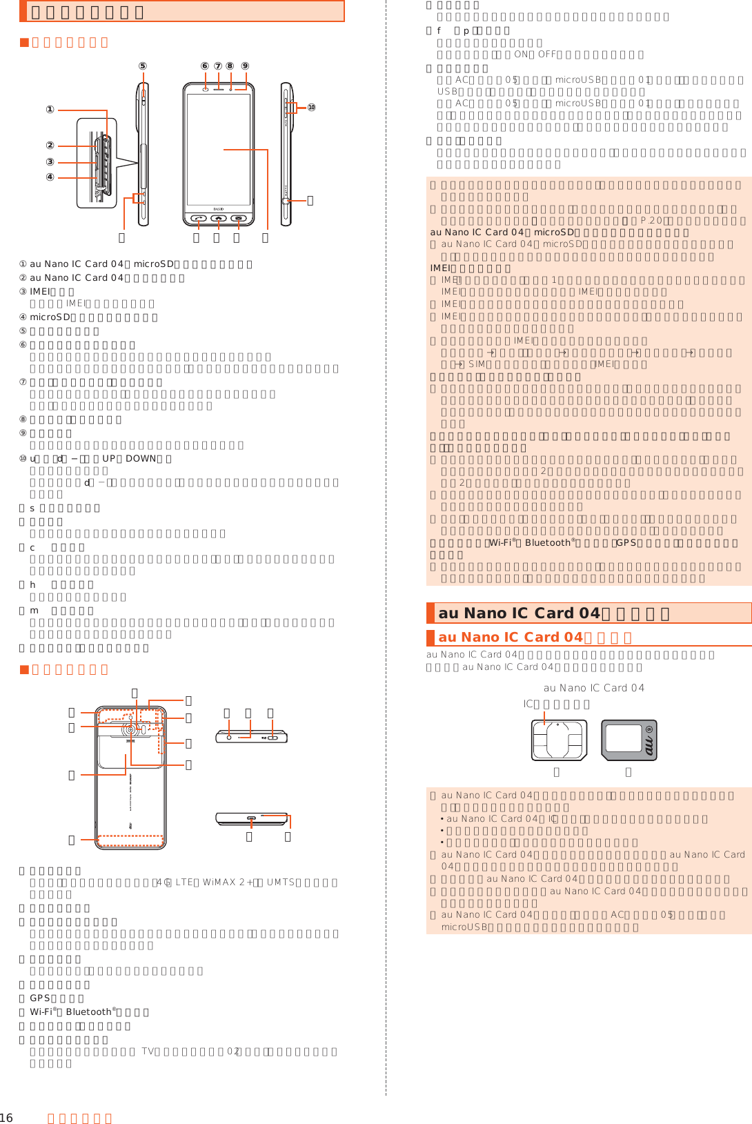 16 ご利用の準備各部の名称と機能 ■正面／左右側面②①⑤ ⑥ ⑦⑧⑨③④⑩⑪⑫ ⑬ ⑭ ⑮ ⑯① au Nano IC Card 04／microSDメモリカードカバー② au Nano IC Card 04トレイスロット③ IMEIトレイ  本製品のIMEIを確認できます。④ microSDメモリカードスロット⑤ ストラップ取付口⑥ 近接センサー／光センサー  近接センサーは通話中にタッチパネルの誤動作を防ぎます。  光センサーは周囲の明るさに合わせて、ディスプレイの明るさを調整します。⑦ 受話口（レシーバー）／スピーカー  通話中の相手の方の声、伝言メモの再生音などが聞こえます。  また、着信音やアラーム音などが聞こえます。⑧ インカメラ（レンズ部）⑨ 充電ランプ  充電中は電池残量によって赤色／緑色で点灯します。⑩ u（＋）d（−）音量UP／DOWNキー  音量を調節します。  ロック画面でd（−）を長押しすると、マナーモードの設定／解除を切り替えられます。⑪ sシャッターキー⑫ 充電端子  卓上ホルダを使用して充電するときの端子です。⑬ c電話キー  電話をかけるときや受けるときに使用します。また、不在着信があるときには点滅してお知らせします。⑭ hホームキー  ホーム画面に戻ります。⑮ mメールキー  メールを送信するときや確認するときに使用します。また、新着メールがあるときには点滅してお知らせします。⑯ ディスプレイ（タッチパネル） ■背面／上下側面⑰⑰⑱⑳󰚪 󰚬⑲󰚫󰚨󰚩󰚜󰚧󰚭 󰚮⑰ 内蔵アンテナ  通話時、インターネット利用時、4G（LTE／WiMAX 2+）／UMTS利用時に使用します。⑱ モバイルライト⑲ カメラスライドカバー  アウトカメラのレンズ部や赤外線ポートを保護します。下にスライドすると、自動的にカメラが起動します。⑳ 赤外線ポート  赤外線通信で、データの送受信を行います。󰚜 テレビアンテナ󰚧 GPSアンテナ󰚨 Wi-Fi®／Bluetooth®アンテナ󰚩 アウトカメラ（レンズ部）󰚪 イヤホンマイク端子  イヤホンマイクやシャープ TVアンテナケーブル02（別売）などの接続時に使用します。󰚫 サブマイク  ハンズフリー通話中の相手の方にこちらの声を伝えます。󰚬 f（p）電源キー  画面を点灯／消灯します。  長押しすると、電源ON／OFFや再起動ができます。󰚭 外部接続端子  共通ACアダプタ05（別売）やmicroUSBケーブル01（別売）、周辺機器接続用USBケーブル（市販品）などの接続時に使用します。  共通ACアダプタ05（別売）やmicroUSBケーブル01（別売）などを接続すると、接続機器の磁気が地磁気センサーに影響し、アプリケーションによっては正常に動作しないことがあります。ケーブル類を外してご使用ください。󰚮 送話口（マイク）  通話中の相手の方にこちらの声を伝えます。動画撮影時の録音やエモパー利用時の音声認識にも使用します。 ◎ 本製品の背面カバーは取り外せません。無理に取り外そうとすると破損や故障の原因となります。 ◎ 本製品の電池は内蔵されており、お客様による取り外しはできません。強制的に電源を切る場合は、「強制的に電源を切る」（▶P. 20）をご参照ください。au Nano IC Card 04／microSDメモリカードカバーについて ◎ au Nano IC Card 04／microSDメモリカードカバーを強く引っ張ったり、無理な力を加えると破損の原因となりますのでご注意ください。IMEIトレイについて ◎ IMEI（端末識別番号）は端末1台ずつに割り当てられた固有の識別番号です。IMEIトレイを引き出して本製品のIMEIを確認できます。 ◎ IMEIは修理依頼やアフターサービスなどで必要な情報です。 ◎ IMEIトレイを本体から取り外すことはできません。無理な力がかからないよう取り扱いにはご注意ください。 ◎ 本製品を操作してIMEIを確認することもできます。 ホーム画面→「設定」の［設定］→［すべてを見る］→［端末情報］→［端末の状態］→［SIMのステータス］と操作して、IMEI欄を確認ディスプレイ（タッチパネル）について ◎ 対応する市販のフリップカバーを装着すると、フリップカバーの開閉によってディスプレイの表示／非表示を切り替えることができます。装着したフリップカバーは、斜めに閉じるとディスプレイの表示が消えないことがあります。近接センサー／光センサー、受話口（レシーバー）／スピーカー、送話口（マイク）、サブマイクについて ◎ 本製品は受話口とスピーカーを兼用しています。通話終了直後に、耳元で大きな音が鳴らないよう約2秒間は設定よりも音量を下げる仕様になっています。2秒経過後は、設定した音量で鳴動します。 ◎ 近接センサー／光センサーの上にシールなどを貼ると、正しく動作しない場合がありますのでご注意ください。 ◎受話口（レシーバー）／スピーカー、送話口（マイク）、サブマイクをシールや指などでふさぐと性能を維持できなくなりますので、ご注意ください。内蔵アンテナ、Wi-Fi®／Bluetooth®アンテナ、GPSアンテナ、テレビアンテナについて ◎ アンテナは本製品に内蔵されています。通話中や通信中はアンテナを手でおおわないでください。通話／通信品質が悪くなることがあります。au Nano IC Card 04を利用するau Nano IC Card 04についてau Nano IC Card 04にはお客様の電話番号などが記録されています。本製品はau Nano IC Card 04に対応しております。IC（金属）部分表裏au Nano IC Card 04 ◎ au Nano IC Card 04を取り扱うときは、故障や破損の原因となりますので、次のことにご注意ください。 au Nano IC Card 04のIC（金属）部分には触れないでください。 正しい挿入方向をご確認ください。 無理な取り付け、取り外しはしないでください。 ◎ au Nano IC Card 04を正しく取り付けていない場合やau Nano IC Card 04に異常がある場合はエラーメッセージが表示されます。 ◎ 取り外したau Nano IC Card 04はなくさないようにご注意ください。 ◎ 変換アダプタを取り付けたau Nano IC Card 04を挿入しないでください。故障の原因となります。 ◎ au Nano IC Card 04着脱時は、必ず共通ACアダプタ05（別売）などのmicroUSBプラグを本製品から抜いてください。