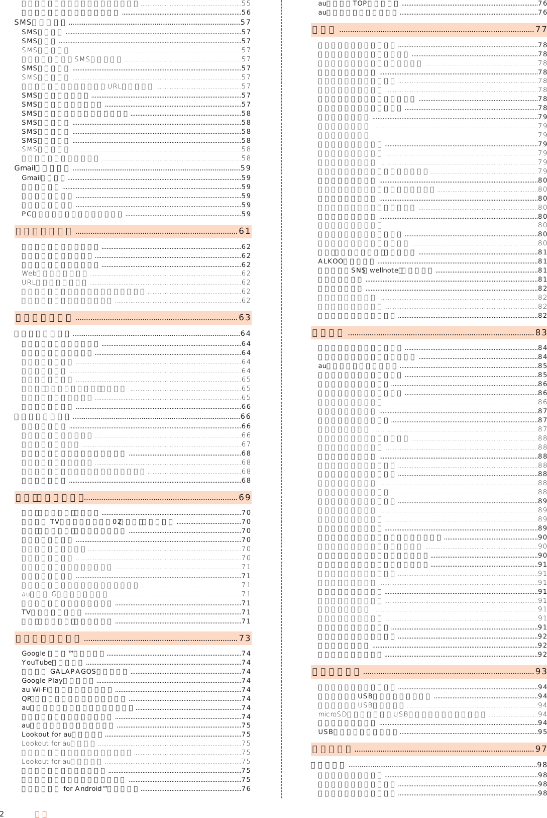 2目次まるごとバックアップデータを復元する ...........................................................55迷惑メールフィルターを設定する ......................................................................56SMSを利用する ............................................................................................57SMSについて .......................................................................................................57SMSを送る ...........................................................................................................57SMSを送信する ...................................................................................................57クイックボタンでSMSを送信する.....................................................................57SMSを受け取る ...................................................................................................57SMSを確認する ...................................................................................................57電話番号／メールアドレス／URLを利用する ..................................................57SMSを返信／転送する ........................................................................................57SMSを保護／保護解除する ................................................................................57SMSの電話番号を電話帳に登録する .................................................................58SMSを検索する ...................................................................................................58SMSを削除する ...................................................................................................58SMSを設定する ...................................................................................................58SMS設定をする ...................................................................................................58受信フィルターを設定する ..................................................................................58Gmailを利用する ..........................................................................................59Gmailについて......................................................................................................59メールを送る .........................................................................................................59メールを受け取る .................................................................................................59メールを確認する .................................................................................................59PCメールのアカウントを登録する ....................................................................59インターネット ...........................................................................61インターネットに接続する ..................................................................................62パケット通信を利用する ......................................................................................62インターネットを利用する ..................................................................................62Webページを表示する .........................................................................................62URL表示欄を利用する .........................................................................................62インターネット画面のメニューを利用する .......................................................62ブックマーク／履歴を利用する ..........................................................................62マルチメディア ...........................................................................63カメラを利用する ..........................................................................................64カメラをご利用になる前に ..................................................................................64静止画／動画を撮影する ......................................................................................64静止画を撮影する .................................................................................................64動画を撮影する .....................................................................................................64撮影画面の見かた .................................................................................................65撮影画面（おすすめプラス）の見かた  .................................................................65撮影モードを切り替える ......................................................................................65カメラを設定する .................................................................................................66データを利用する ..........................................................................................66写真を利用する .....................................................................................................66データを表示／再生する ......................................................................................66データを振り分ける .............................................................................................67コンテンツマネージャーを利用する ..................................................................68データを表示／再生する ......................................................................................68コンテンツ表示画面のメニューを利用する .......................................................68画像を編集する .....................................................................................................68テレビ（ワンセグ） .......................................................................69テレビ（ワンセグ）について ..................................................................................70シャープ TVアンテナケーブル02（別売）を接続する ......................................70テレビ（ワンセグ）の初期設定をする ..................................................................70テレビ番組を見る .................................................................................................70テレビ番組を視聴する ..........................................................................................70データ放送を見る .................................................................................................70視聴画面のメニューを利用する ..........................................................................71番組表を利用する .................................................................................................71視聴中のチャンネルの番組表を利用する ...........................................................71auテレビ.Gガイドを利用する .............................................................................71チャンネルリストを切り替える ..........................................................................71TVリンクを利用する ............................................................................................71テレビ（ワンセグ）の設定をする ..........................................................................71アプリケーション .......................................................................73Google マップ™を利用する ...............................................................................74YouTubeを利用する ...........................................................................................74電子書籍 GALAPAGOSを利用する .................................................................74Google Playを利用する .....................................................................................74au Wi-Fi接続ツールを利用する ..........................................................................74QR・バーコードリーダーを利用する ..................................................................74auお客さまサポートアプリを利用する ..............................................................74お問い合わせアプリを利用する ..........................................................................74auスマートサポートを利用する .........................................................................75Lookout for auを利用する ................................................................................75Lookout for auについて ....................................................................................75位置検索をご利用いただくにあたって ...............................................................75Lookout for auを利用する ................................................................................75リモートサポートを利用する ..............................................................................75スマートフォン自動診断を利用する ..................................................................75安心アクセス for Android™を利用する ...........................................................76auサービスTOPを利用する ................................................................................76auスマートパスを利用する .................................................................................76ツール ..........................................................................................77モバイルライトを利用する ..................................................................................78スクリーンショットを撮影する ..........................................................................78表示中の画面を画像として保存する ..................................................................78電池の消耗を抑える .............................................................................................78長エネスイッチを利用する ..................................................................................78機能ボタンを利用する ..........................................................................................78クイック検索ボックスを利用する ......................................................................78ボイスレコーダーを利用する ..............................................................................78メモ帳を利用する .................................................................................................79メモ帳に登録する .................................................................................................79メモ帳を確認する .................................................................................................79カレンダーを利用する ..........................................................................................79カレンダーを表示する ..........................................................................................79予定を新規登録する .............................................................................................79カレンダー画面のメニューを利用する ...............................................................79アラームを利用する .............................................................................................80アラームで指定した時刻をお知らせする ...........................................................80世界時計を利用する .............................................................................................80世界各地の都市の時刻を確認する ......................................................................80タイマーを利用する .............................................................................................80タイマーで時間を計る ..........................................................................................80ストップウォッチを利用する ..............................................................................80ストップウォッチで時間を計る ..........................................................................80歩数計（からだメイト）を利用する ......................................................................81ALKOOを利用する ..............................................................................................81家族限定のSNS（wellnote）を利用する ............................................................81電卓で計算する .....................................................................................................81辞書を利用する .....................................................................................................82内蔵辞書を利用する .............................................................................................82ネット辞書を利用する ..........................................................................................82ワイヤレス出力を利用する ..................................................................................82端末設定 ......................................................................................83よく使うメニューを表示する ..............................................................................84すべての設定メニューを表示する ......................................................................84au設定メニューを表示する .................................................................................85音と通知に関する設定をする ..............................................................................85壁紙と画面の設定をする ......................................................................................86便利機能に関する設定をする ..............................................................................86便利機能の設定をする ..........................................................................................86エモパーを設定する .............................................................................................87通話に関する設定をする ......................................................................................87通話の設定をする .................................................................................................87伝言メモ／音声メモを再生する ..........................................................................88着信拒否の設定をする ..........................................................................................88あんしん設定を行う .............................................................................................88おはようメールを設定する ..................................................................................88アプリに関する設定をする ..................................................................................88アプリの設定をする .............................................................................................88アプリの詳細設定をする ......................................................................................88その他に関する設定をする ..................................................................................89その他の設定をする .............................................................................................89機内モードを設定する ..........................................................................................89位置情報の設定をする ..........................................................................................89ロックとセキュリティに関する設定をする .......................................................90ロックとセキュリティの設定をする ..................................................................90文字入力や使用する言語の設定をする ...............................................................90バックアップとリセットの設定をする ...............................................................91バックアップの設定をする ..................................................................................91本製品を初期化する .............................................................................................91アカウントを設定する ..........................................................................................91アカウントを追加する ..........................................................................................91データを同期する .................................................................................................91アカウントを削除する ..........................................................................................91日付と時刻の設定をする ......................................................................................91ユーザー補助の設定をする ..................................................................................92印刷の設定をする .................................................................................................92端末情報の設定をする ..........................................................................................92ファイル管理 ...............................................................................93本製品の保存領域について ..................................................................................94ストレージとUSBに関する設定をする .............................................................94ストレージとUSBを確認する .............................................................................94microSDメモリカード／USBメモリをフォーマットする .............................94パソコンと接続する .............................................................................................94USBホスト機能を利用する .................................................................................95データ通信 ...................................................................................97赤外線通信 .....................................................................................................98赤外線の利用について ..........................................................................................98赤外線でデータを受信する ..................................................................................98赤外線でデータを送信する ..................................................................................98