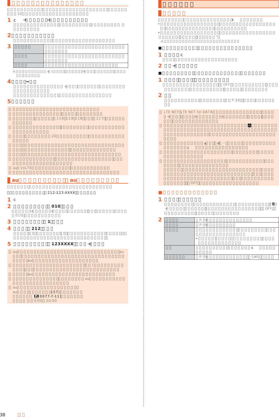 38 電話ボイスパーティーで電話をかけるボイスパーティーとは、通話したい相手の端末の種類にかかわらず、発信者を含めて最大30人で同時に通話が可能な音声サービスです。󱈠 c→［メニュー］→［ボイスパーティー］確認画面が表示された場合は、内容をご確認のうえ、画面の指示に従って 操作してください。󱈢 ［新規パーティー作成］発信履歴をタップすると、履歴を利用して発信することができます。󱈤 電話帳引用 電話帳に登録されている電話番号を選択してメンバーに追加します。履歴引用 発信履歴／着信履歴から電話番号を選択してメンバーに追加します。直接入力 電話番号を直接入力してメンバーに追加します。※ メンバーを長くタッチ→［1件削除］／［全件削除］→［はい］と操作すると、メンバーを削除できます。󱈦 ［発信］→通話呼出中／通話中のメンバーを選択→［はい］と操作すると、選択したメンバーとの通話を終了します。不在のメンバーを選択すると、発信／メンバーの削除が行えます。󱈨 ［通話終了］ ◎ ボイスパーティーを利用するにはお申し込みが必要です。 ◎ 発信者には通話先に応じた通話料（人数分）が課金されます。 ◎ 発信先として、緊急通報番号（110、119、118）や時報（117）などの特番は対象外です。 ◎ ボイスパーティーでの発信時は、「発信者番号通知」の設定にかかわらず発信者番号が通知されます。 ◎ 発信後、どの着信者からも20秒間応答がない場合、ボイスパーティーは終了されます。 ◎ 発信者・着信者はボイスパーティーと三者通話を同時にご利用できません。 ◎ 発信者・着信者はボイスパーティー中、割込着信をご利用できません。 ◎ 発信者・着信者はボイスパーティー中にプッシュ信号を送信できません。 ◎ 着信者がお留守番サービス、着信転送サービスを利用している場合、着信者はボイスパーティーに参加できません。 ◎ auのVoLTE対応機種に着信した場合、伝言メモは応答しません。 ◎ 着信者には発信者以外のメンバーの名前や電話番号は表示されません。au電話から海外へかける（au国際電話サービス）本製品からは、特別な手続きなしで国際電話をかけることができます。例：本製品からアメリカの「212-123-XXXX」にかける場合󱈠 c󱈢 国際アクセスコード「010」を入力［メニュー］→［特番付加］→［＋付加］と操作すると、「＋」が入力され、発信時に「010」が自動で付加されます。󱈤 アメリカの国番号「1」を入力󱈦 市外局番「212」を入力市外局番が「0」で始まる場合は、「0」を除いて入力してください（イタリア・モスクワなど一部の国や地域の固定電話などの例外もあります）。󱈨 相手の方の電話番号「123XXXX」を入力→［発信］ ◎ au国際電話サービスは毎月のご利用限度額を設定させていただきます。auにて、ご利用限度額を超過したことが確認された時点から同月内の末日までの期間は、au国際電話サービスをご利用いただけません。 ◎ ご利用限度額超過によりご利用停止となっても、翌月1日からご利用を再開します。また、ご利用停止中も国内通話は通常通りご利用いただけます。 ◎ 通話料は、auより毎月のご利用料金と一括してのご請求となります。 ◎ ご利用を希望されない場合は、お申し込みによりau国際電話サービスを取り扱わないようにすることもできます。 ◎ au国際電話サービスに関するお問い合わせ： au電話から（局番なしの）157番（通話料無料） 一般電話から   0077-7-111（通話料無料） 受付時間 毎日9:00∼20:00電話を受ける電話に出るお買い上げ時は、着信すると次の内容が表示され、cが点滅します。 相手の方から電話番号の通知があると、ディスプレイに電話番号が表示されます。電話帳に登録されている場合は、名前が表示されます。 相手の方から電話番号の通知がないと、ディスプレイに理由が表示されます。「非通知設定」「公衆電話」「通知不可能※」※ 相手の方が通知できない電話からかけている場合です。 ■バックライト消灯中、ロック画面表示中に着信した場合󱈠 着信中にc「応答」を下にスライドしても電話に出られます。󱈢 通話→［通話終了］ ■バックライト点灯中（ロック画面表示中を除く）に着信した場合󱈠 着信中に［受話］／［スピーカー受話］「表示している画面のまま受話する」を「OFF」に設定している場合は、「応答」をタップします。通話を終了する場合は、「通話終了」をタップします。󱈢 通話通話を終了する場合は、シンクコール画面（▶P. 39）で「終話」をタップします。 ◎ LTE NET、LTE NET for DATAをご契約いただいていない場合、ホーム画面→「設定」の［設定］→［すべてを見る］→［データ使用量］と操作し、「データ通信」を無効にしてご利用ください。 ◎ かかってきた電話に出なかった場合はステータスバーに が表示されます。ステータスバーを下にスライドしてお知らせ／ステータスパネルを開くと、着信のあった時間や電話番号、または電話帳に登録されている名前が表示されます。 ◎ 着信音が鳴っているときにu（＋）／d（−）を押すと、着信音が消音になり、バイブレータやcの点滅を停止することができます。 ◎ ボイスレコーダーなどで録音していた場合は、録音が中断され、録音していたデータは保存されます。 ◎ 本体メモリの空き容量が少ない状態では、着信時にシンクコール画面（ポップアップ）が表示されないことがあります。 その場合は、お知らせ／ステータスパネルから着信応答を行うか、不要なアプリを削除して本体メモリの空き容量を増やしてください。また、メモリ負荷の高いアプリなどを長時間使用する場合は、事前に「表示している画面のまま受話する」を「OFF」に設定しておくことをおすすめします。 ■着信中のメニューを利用する󱈠 着信中に［メニュー］バックライト点灯中（ロック画面表示中を除く）に着信があった場合は、［ ］→［メニュー］と操作します。「表示している画面のまま受話する」を「OFF」に設定している場合は、「メニュー」をタップします。󱈢 伝言メモ ▶P. 39「着信に伝言メモで応答する」着信拒否 ▶P. 39「着信を拒否する」着信転送 かかってきた電話に出ずに、転送先の電話番号、またはお留守番サービスへ転送します。 あらかじめ、「着信転送・お留守番サービス」で転送先を設定しておいてください。消音 着信音が消音になり、バイブレータやcの点滅を停止します。クイック返信 ▶P. 39「着信を拒否してメッセージ（SMS）を送る」