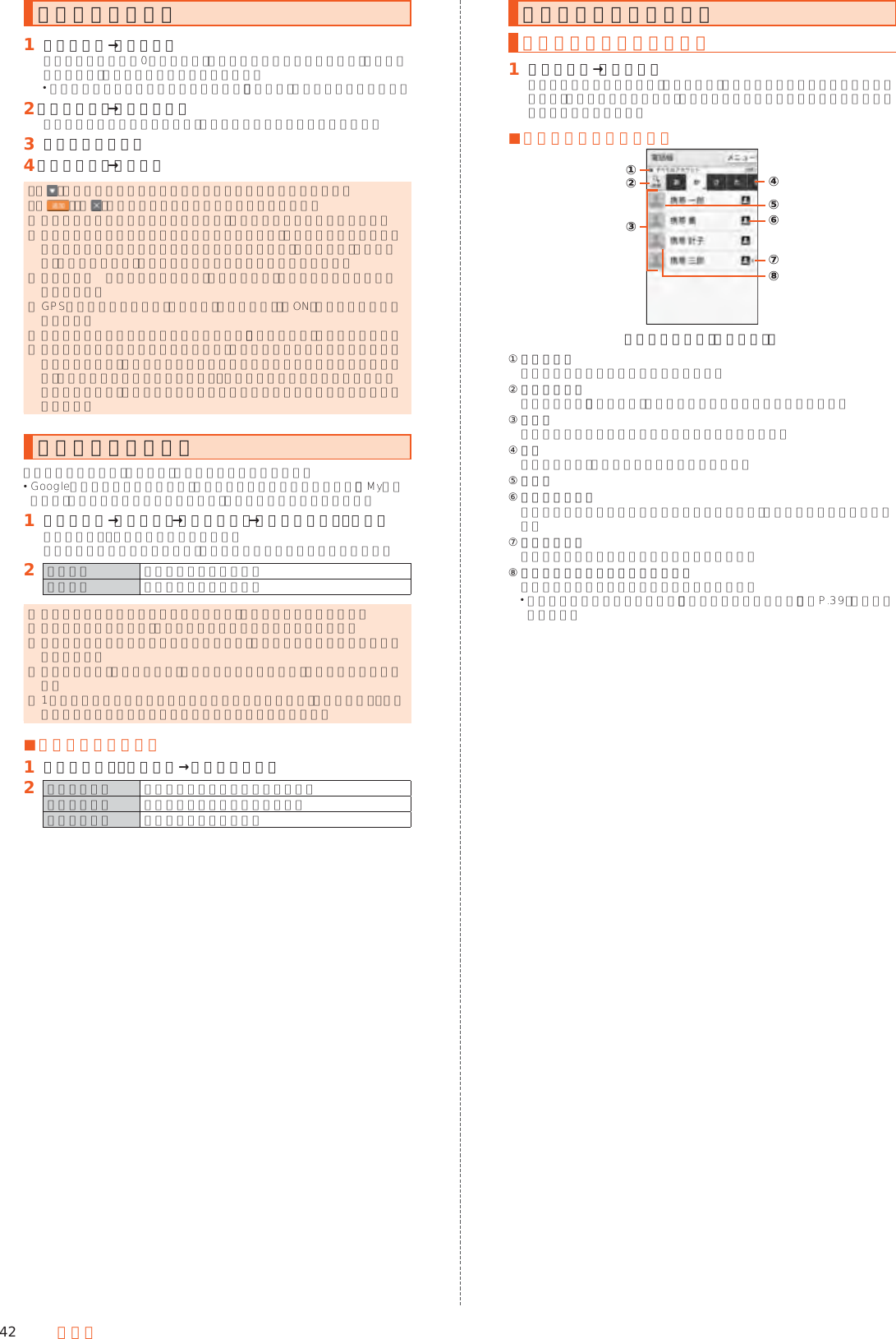 42 電話帳電話帳に登録する󱈠 ホーム画面→［電話帳］連絡先の登録件数が0件の場合は、電話帳移行画面が表示されます。内容をご確認のうえ、画面に従って操作してください。 電話帳を移行せずにご利用になる場合は、「いいえ」をタップしてください。󱈢 ［メニュー］→［新規登録］アカウントを設定している場合、連絡先の登録先を選択してください。󱈤 必要な項目を入力󱈦 ［保存する］→［はい］ ◎「 」をタップすると表示されていない入力項目が表示されます。 ◎「 」／「 」をタップすると項目を追加／削除できます。 ◎ 登録する電話番号が一般電話の場合は、市外局番から入力してください。 ◎ 項目によっては種別を変更できる場合があります。項目の左側に表示されているアイコンをタップして種別を選択してください。種別変更時に「カスタム」をタップすると、入力した文字列を種別として登録できます。 ◎ 名前に半角英数字が含まれる場合、電話帳では名、姓の順に表示されることがあります。 ◎ GPS情報を登録するには、あらかじめ「位置情報」を「ON」に設定する必要があります。 ◎ 相手の方から電話番号の通知がない場合は、「着信音設定」は動作しません。 ◎ 電話帳に登録された電話番号や名前は、事故や故障によって消失してしまうことがあります。大切な電話番号などは控えておかれることをおすすめします。事故や故障が原因で連絡先が変化・消失した場合の損害および逸失利益につきましては、当社では一切の責任を負いかねますのであらかじめご了承ください。グループを設定するグループごとに名前、アイコン、着信音などを設定できます。 Googleアカウントと同期すると、自動的にグループが作成されます。「Myコンタクト」はグループ名やアイコンの変更、グループの削除ができません。󱈠 ホーム画面→［電話帳］→［メニュー］→［グループ追加・編集］グループ追加・編集画面が表示されます。アカウントを設定している場合、グループの設定先を選択してください。󱈢 追加する グループを追加します。削除する グループを削除します。 ◎ 新規登録画面でアイコンをタップすると、アイコンを設定できます。 ◎ グループを削除しても、登録されている連絡先は削除されません。 ◎ 相手の方から電話番号の通知がない場合は、グループの音声着信の設定は動作しません。 ◎ 個別の連絡先に「着信音設定」が設定されている場合は、そちらが優先されます。 ◎ 1つの連絡先が複数のグループに登録されている場合は、グループ追加・編集画面で上に表示されているグループの設定が優先されます。 ■グループを編集する󱈠 グループ追加・編集画面→グループを選択󱈢 グループ編集 グループの設定内容を変更します。メンバー登録 グループに連絡先を登録します。グループ削除 グループを削除します。電話帳の一覧を利用する電話帳一覧画面を表示する󱈠 ホーム画面→［電話帳］電話帳一覧画面の表示方法が「グループ」の場合はグループ一覧画面が表示されます。グループを選択すると、選択したグループに登録されている電話帳一覧画面が表示されます。 ■電話帳一覧画面の見かた《電話帳一覧画面（名前順）》②①③④⑤⑥⑦⑧① アカウント  設定しているアカウントが表示されます。② 検索アイコン  タップすると、「検索設定」で設定した項目で連絡先を検索できます。③ 連絡先  選択したタブに登録されている連絡先が表示されます。④ タブ  タップすると、表示する連絡先を切り替えます。⑤ 顔写真⑥ 登録先アイコン  すべてのアカウントの連絡先を表示している場合、登録先をアイコンで表します。⑦ 統合アイコン  複数の連絡先を統合した連絡先に表示されます。⑧ シンクコール対応電話番号アイコン  シンク機能を利用できる連絡先に表示されます。 シンクコールについて詳しくは、「シンクコールについて」（▶P. 39）をご参照ください。