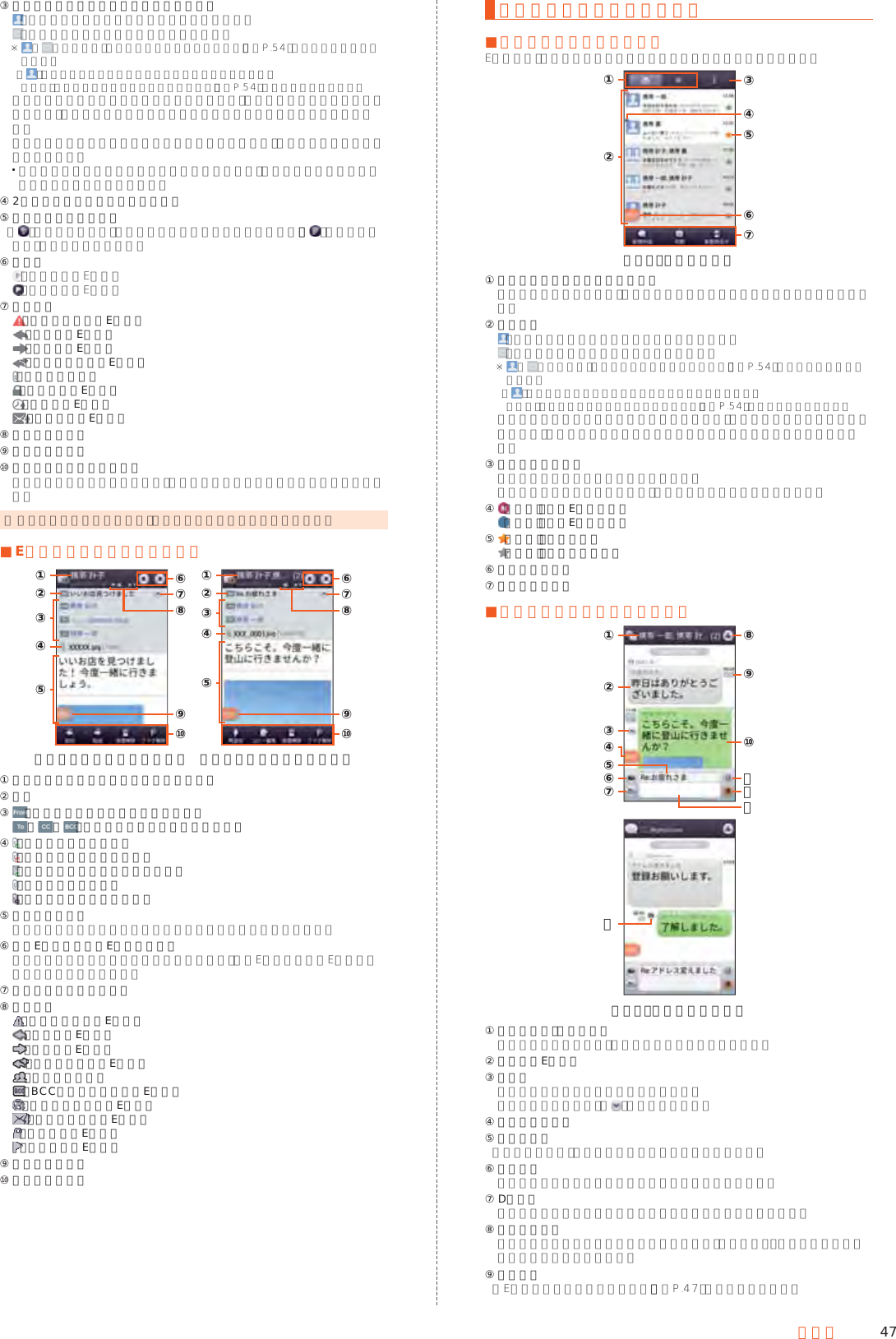 47メール③ 宛先／差出人の名前またはメールアドレス ：電話帳に登録があるアドレスと送受信した場合 ：電話帳未登録のアドレスと送受信した場合※  や の表示有無は「プロフィールアイコンを表示」（▶P. 54）で変更することができます。 「 」をタップすることで背景色を変更することができます。 背景色は「プロフィールアイコン色のリセット」（▶P. 54）で戻すことができます。  電話帳に登録があるメールアドレスの場合には、登録された画像／名前が表示されます。未登録のメールアドレスの場合にはメールアドレスが表示されます。 受信したメールに差出人名称が設定されている場合は、設定されている名前が表示されます。 電話帳にメールアドレスが登録されている場合は、電話帳に登録されている名前が優先して表示されます。④ 2行表示／本文プレビュー表示切替⑤ フラグ付きメール表示 「 」をタップすると、フラグ付きメールだけが表示されます。「 」をタップすると、元の表示に戻ります。⑥ フラグ ：フラグなしEメール ：フラグ付きEメール⑦ アイコン ：送信に失敗したEメール ：返信したEメール ：転送したEメール ：返信／転送したEメール ：添付データあり ：保護されたEメール ：送信予約Eメール ：自動再送信Eメール⑧ メニューボタン⑨ アクションバー⑩ 受信／送信切替スライダー  フォルダ内の受信メール一覧と、送信済みメール一覧を切り替えて表示できます。 ◎ 横表示に切り替えた場合は、本文プレビュー表示固定になります。 ■Eメール詳細表示画面の見かた《受信メール詳細表示画面》 《送信メール詳細表示画面》①②④⑥⑧⑦⑩⑨③⑤①②④⑥⑧⑦⑩⑨③⑤① 宛先／差出人の名前またはメールアドレス② 件名③  ：差出人の名前またはメールアドレス ／ ／ ：宛先の名前またはメールアドレス④  ：保存された添付データ ：保存に失敗した添付データ ：保存されたインライン添付データ ：未受信の添付データ ：受信に失敗した添付データ⑤ 本文表示エリア  ピンチアウト／ピンチインすると本文表示を拡大／縮小できます。⑥ 前のEメール／次のEメールを表示  本文表示エリアを左右にフリックすることで、前のEメール／次のEメールを表示することもできます。⑦ 詳細情報の表示／非表示⑧ アイコン ：送信に失敗したEメール ：返信したEメール ：転送したEメール ：返信／転送したEメール ：複数の宛先あり ：BCCの宛先で受信したEメール ：送信予約しているEメール ：自動再送信するEメール ：保護されたEメール ：フラグ付きEメール⑨ メニューボタン⑩ アクションバー会話モードでの画面の見かた ■スレッド一覧画面の見かたEメールは、相手先ごとにまとめられたスレッドが一覧表示されます。《スレッド一覧画面》①③⑤④⑦⑥②① すべて表示／お気に入り表示切替  すべてのスレッド一覧と、お気に入りのスレッド一覧を切り替えて表示できます。② スレッド ：電話帳に登録があるアドレスと送受信した場合 ：電話帳未登録のアドレスと送受信した場合※  やの表示有無は「プロフィールアイコンを表示」（▶P. 54）で変更することができます。 「 」をタップすることで背景色を変更することができます。 背景色は「プロフィールアイコン色のリセット」（▶P. 54）で戻すことができます。  電話帳に登録があるメールアドレスの場合には、登録された名前／画像が表示されます。未登録のメールアドレスの場合にはメールアドレスが表示されます。③ インフォボックス  インフォボックスメールを表示できます。  新着／未読メールがある場合は、右上に合計の件数が表示されます。④  （赤色）：新着Eメールあり （青色）：未読Eメールあり⑤  （黄色）：お気に入り （灰色）：お気に入り解除⑥ メニューボタン⑦ アクションバー ■スレッド内容表示画面の見かた《スレッド内容表示画面》①②③④⑤⑥⑦⑭⑧⑨⑩⑬⑫⑪① スレッド名称（相手先）  電話帳未登録の場合は、メールアドレスが表示されます。② 受信したEメール③ 閉じる  本文一部非表示にするときに使用します。  続きを表示するときは「 」をタップします。④ メニューボタン⑤ 件名入力欄  「件名を非表示」に設定している場合は表示されません。⑥ コミコミ  コミコミアプリの添付画像を登録するときに使用します。⑦ D絵文字  デコレーション絵文字やピクチャを入力するときに使用します。⑧ 宛先一覧表示  送受信しているアドレスを一覧で表示します。宛先を追加・削除すると別のスレッドとして表示されます。⑨ アイコン  「Eメール詳細表示画面の見かた」（▶P. 47）をご参照ください。