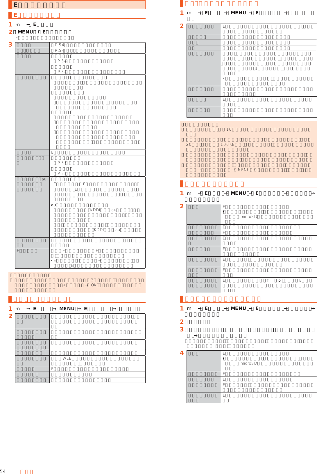 54 メールEメールを設定するEメール設定をする 󱈠 m→［Eメール］󱈢 ［MENU］→［Eメール設定］Eメール設定画面が表示されます。󱈤 表示設定 ▶P. 54「表示に関する設定をする」送信・作成設定 ▶P. 54「送信・作成に関する設定をする」通知設定 基本通知設定▶P. 54「通知に関する設定をする」個別通知設定▶P. 54「個別の通知に関する設定をする」プライバシー設定 パスワード設定／パスワード変更フォルダロック、シークレット機能のパスワードを設定／変更します。パスワードリセットパスワードをリセットします。 ･パスワードをリセットすると、フォルダロック、シークレット機能も解除されます。シークレットシークレット機能の有効／無効を設定します。 ･表示されるシークレット機能の説明をよくお読みになりご利用ください。 ･シークレット機能を有効／無効にする場合やシークレット機能を一時解除する場合に誤ったパスワードを入力しても、ポップアップなどは表示されません。設定更新 Eメールアドレスの再初期設定を行います。バックアップ・復元メールデータ復元▶P. 55「メールデータを復元する」まるごと復元▶P. 55「まるごとバックアップデータを復元する」改善情報取得・auアプリサイドメニュー連携設定改善情報送信設定EメールアプリやEメールサービスの品質の維持・向上のために、Eメール送受信時の品質／電波状況、絵文字などのコンテンツ利用状況の取得・収集に関する設定を行います。auアプリサイドメニュー連携設定サイドメニューから、KDDI提供のauサービス・アプリへのアクセス数集計に必要な情報の取得・収集に関する設定を行います。また、当設定を実施することで、サイドメニュー内のお知らせ表示の状態を、KDDI提供のauアプリ間で連携することができます。プライバシーポリシー プライバシーポリシー（個人情報保護方針）について表示します。Eメール情報 自分のEメールアドレスやEメール保存件数／使用容量、ソフトウェアバージョンを表示します。 Eメールアドレス欄を選択→［アドレスコピー］と操作すると、Eメールアドレスをコピーできます。パスワード設定について ◎ フォルダロック解除パスワードの入力を連続3回間違えると「ひみつの質問」が表示されます。［表示する］→回答を入力→［OK］と操作すると、新しいパスワードを設定できます。表示に関する設定をする󱈠 m→［Eメール］→［MENU］→［Eメール設定］→［表示設定］󱈢 アドレス帳登録名表示 メールアドレスが電話帳に登録されている場合、電話帳に登録された情報を表示するかどうかを設定します。プロフィールアイコンを表示 プロフィールアイコンを表示するかどうかを設定します。プロフィールアイコン色のリセット プロフィールアイコンの背景色をリセットします。マガジンビュー マガジンビューを使用するかどうかを設定します。外部画像表示アドレス 外部のWEBサイトに表示された画像を常に表示するアドレスの確認、削除をします。テーマ設定 Eメールアプリの画面デザインを設定します。背景画像設定 背景画像を設定します。フォルダ表示形式 フォルダの表示形式を設定します。送信・作成に関する設定をする󱈠 m→［Eメール］→［MENU］→［Eメール設定］→［送信・作成設定］󱈢 返信先アドレス Eメールを受信した相手の方が返信する場合に、宛先に設定されるアドレスを設定します。差出人名称 送信先で表示される名前を設定します。冒頭文 本文の冒頭に挿入する文を設定します。署名 本文の末尾に挿入する文を設定します。返信メール引用 返信時、受信メールの内容を本文に引用するかどうかを設定します。有効に設定すると、受信メールの行頭に「＞」を付けて引用します。受信メールがデコレーションメールの場合は、1行目の行頭のみ「＞」を付けて引用します。 会話モードでご利用の場合、有効に設定していても受信メールの内容は引用されません。送信時確認表示 誤送信防止のために送信時の確認画面を表示するかどうかを設定します。自動再送信 Eメール送信失敗時に自動で再送信するかどうかを設定します。宛先候補表示 宛先入力時に宛先の候補を表示するかどうかを設定します。冒頭文／署名について ◎ 冒頭文／署名には、最大10種類の画像／デコレーション絵文字を挿入できます。 ◎ 冒頭文／署名を挿入しただけで、画像／デコレーション絵文字の制限（最大20種類、または合計100KB以下）に達した場合は、本文入力時に画像／デコレーション絵文字を挿入できません。 ◎ 冒頭文と署名に同じ画像／デコレーション絵文字を挿入した場合でも、冒頭文と署名が本文に挿入されると、画像は異なるファイルとして扱われます。 ◎ 会話モードでご利用の場合、自動的に挿入されませんので、スレッド内容表示画面→本文入力欄を選択→［MENU］→［挿入］→［冒頭文］／［署名］と操作して挿入してください。通知に関する設定をする󱈠 m→［Eメール］→［MENU］→［Eメール設定］→［通知設定］→［基本通知設定］󱈢 着信音 Eメール受信時の着信音を設定します。 「ストレージから探す」をタップした場合は、本体メモリまたはmicroSDメモリカードから着信音を設定します。バイブレーション Eメール受信時のバイブレータを設定します。着信音鳴動時間 Eメール着信音の鳴動時間を設定します。ステータスバー通知Eメール受信時のステータスバーの通知について設定します。送信失敗通知 Eメール送信失敗時にバイブレータでお知らせするかどうかを設定します。通知ポップアップ Eメール受信時、ロック画面に新着メールをポップアップ表示するかどうかを設定します。メール受信時の画面点灯 Eメール受信時に画面を点灯させるかどうかを設定します。電源キー押下による着信音鳴動停止 Eメール着信音の鳴動中にf（p）を押してEメール着信音やバイブレータ鳴動を停止するかどうかを設定します。個別の通知に関する設定をする󱈠 m→［Eメール］→［MENU］→［Eメール設定］→［通知設定］→［個別通知設定］󱈢 ［新規設定］󱈤 ［アドレス帳引用］／［メール受信履歴引用］／［メール送信履歴引用］→設定するアドレスを選択「メール受信履歴引用」／「メール送信履歴引用」を選択した場合は、設定するアドレスを選択→［選択］と操作します。󱈦 着信音 Eメール受信時の着信音を設定します。 「ストレージから探す」をタップした場合は、本体メモリまたはmicroSDメモリカードから着信音を設定します。バイブレーション Eメール受信時のバイブレータを設定します。着信音鳴動時間 Eメール着信音の鳴動時間を設定します。通知ポップアップ Eメール受信時、ロック画面に新着メールをポップアップ表示するかどうかを設定します。メール受信時の画面点灯 Eメール受信時に画面を点灯するかどうかを設定します。