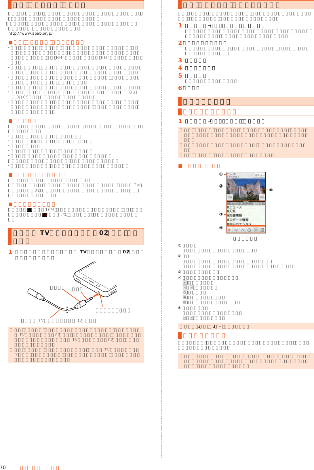 70 テレビ（ワンセグ）テレビ（ワンセグ）についてテレビ（ワンセグ）は、モバイル機器向けの地上デジタルテレビ放送サービスで、映像・音声と共にデータ放送を受信することができます。「ワンセグ」サービスの詳細については、下記ホームページでご確認ください。一般社団法人 放送サービス高度化推進協会(http://www.apab.or.jp/ ) ■テレビ（ワンセグ）利用時のご注意 テレビ（ワンセグ）の利用には、通話料やパケット通信料はかかりません。ただし、通信を利用したデータ放送の付加サービスなどを利用する場合はパケット通信料がかかります。なお、NHKの受信料については、NHKにお問い合わせください。 テレビ（ワンセグ）画面表示中は、本製品が温かくなり、長時間肌に触れたまま使用していると低温やけどの原因となる場合がありますのでご注意ください。 耳を刺激するような大きな音量で長時間続けて視聴すると、聴力に悪い影響を与えることがありますので、ご注意ください。 テレビ（ワンセグ）は日本国内の地上波デジタルテレビ放送ワンセグ専用です。 海外では、放送方式や放送の周波数が異なるため使用できません。また、BS・110度CSデジタル放送を見ることはできません。 自動車や原動機付自転車、自転車などの運転中や歩行中はテレビ（ワンセグ）を利用しないでください。周囲の音が聞こえにくく、映像や音声に気をとられ、交通事故の原因となります。 ■電波について次のような場所では、電波の受信状態が悪く、画質や音質が劣化したり受信できない場合があります。 放送局から遠い地域または極端に近い地域 移動中の電車・車、地下街、トンネルの中、室内など 山間部やビルの陰 高圧線、ネオン、無線局、線路、高速道路の近くなど その他、妨害電波が多かったり、電波が遮断されたりする場所電波の受信状態を改善するためには、次のことをお試しください。 室内で視聴する場合は、窓のそばの方がより受信状態が改善されます。 ■テレビアンテナについて本製品にはテレビアンテナが内蔵されています。テレビ（ワンセグ）は、内蔵のテレビアンテナでも視聴可能ですが、シャープ TVアンテナケーブル02（別売）を本製品のイヤホンマイク端子に接続すると、より良い受信状態で視聴できます。 ■電池残量による動作電池残量が （残量約10%）未満になるとテレビを起動できません。また、テレビ起動中に電池残量が （残量約5%）未満になると、自動的にテレビが終了します。シャープ TVアンテナケーブル02（別売）を接続する󱈠 イヤホンマイク端子にシャープ TVアンテナケーブル02（別売）のプラグを差し込むイヤホンマイク端子コネクタ プラグシャープ TVアンテナケーブル02（別売） ◎ テレビ（ワンセグ）の音声をスピーカーから出力する場合は、本製品にシャープ TVアンテナケーブル02（別売）のみ接続してください。市販のイヤホンから音声を出力する場合はシャープ TVアンテナケーブル02（別売）にイヤホンを接続してください。 ◎ テレビ（ワンセグ）の受信状態が悪いときは、シャープ TVアンテナケーブル02（別売）の向きを変えたり、本製品を人体から離したり、場所を移動したりすると改善することがあります。テレビ（ワンセグ）の初期設定をするテレビ（ワンセグ）を初めて起動したときは、視聴するチャンネルリストを設定します。設定が完了すると、テレビ番組を見ることができます。󱈠 ホーム画面→「遊ぶ・楽しむ」の［テレビ］使用許諾画面やワンセグの受信状態に関する確認画面が表示された場合は、内容をご確認のうえ、画面の指示に従って操作してください。󱈢 ［地域を選んで作成］地域が特定できない場合は、「チャンネルを探して作成」をタップし、画面に従って操作してください。󱈤 地方を選択󱈦 都道府県を選択󱈨 地域を選択放送局の検索が開始されます。󱈪 ［完了］テレビ番組を見るテレビ番組を視聴する󱈠 ホーム画面→「遊ぶ・楽しむ」の［テレビ］ ◎ テレビ（ワンセグ）を起動したり、チャンネルを変更したときは、デジタル放送の特性として映像やデータ放送のデータ取得に時間がかかる場合があります。 ◎ 電波状態によって映像や音声が途切れたり、止まったりする場合があります。 ◎ テレビ（ワンセグ）起動中はカメラを使用できません。 ■視聴画面の見かた《視聴画面》②③④①⑤① 番組情報  タップすると番組詳細画面が表示されます。② 映像  タップするとチャンネル切替を一時的に表示します。  左右にスライド／フリックするとチャンネルを切り替えられます。③ データ放送表示エリア④ データ放送表示エリア操作パネル ：前ページに戻る ／：カーソル移動 ：項目の選択 ：テンキーパネルを表示 ：データ放送トップページを表示⑤ チャンネル切替  映像をタップすると表示されます。 ／ ：チャンネルの切替 ◎ 音量は、u（＋）／d（−）で調節します。データ放送を見るデータ放送では、画面に表示される説明などに従って操作することで、いろいろ な情報を見ることができます。 ◎ データ放送を見る場合は、通話料やパケット通信料はかかりません。ただし、データ放送で取得した情報からの関連サイトへのアクセスや追加情報の取得には、パケット通信料がかかります。